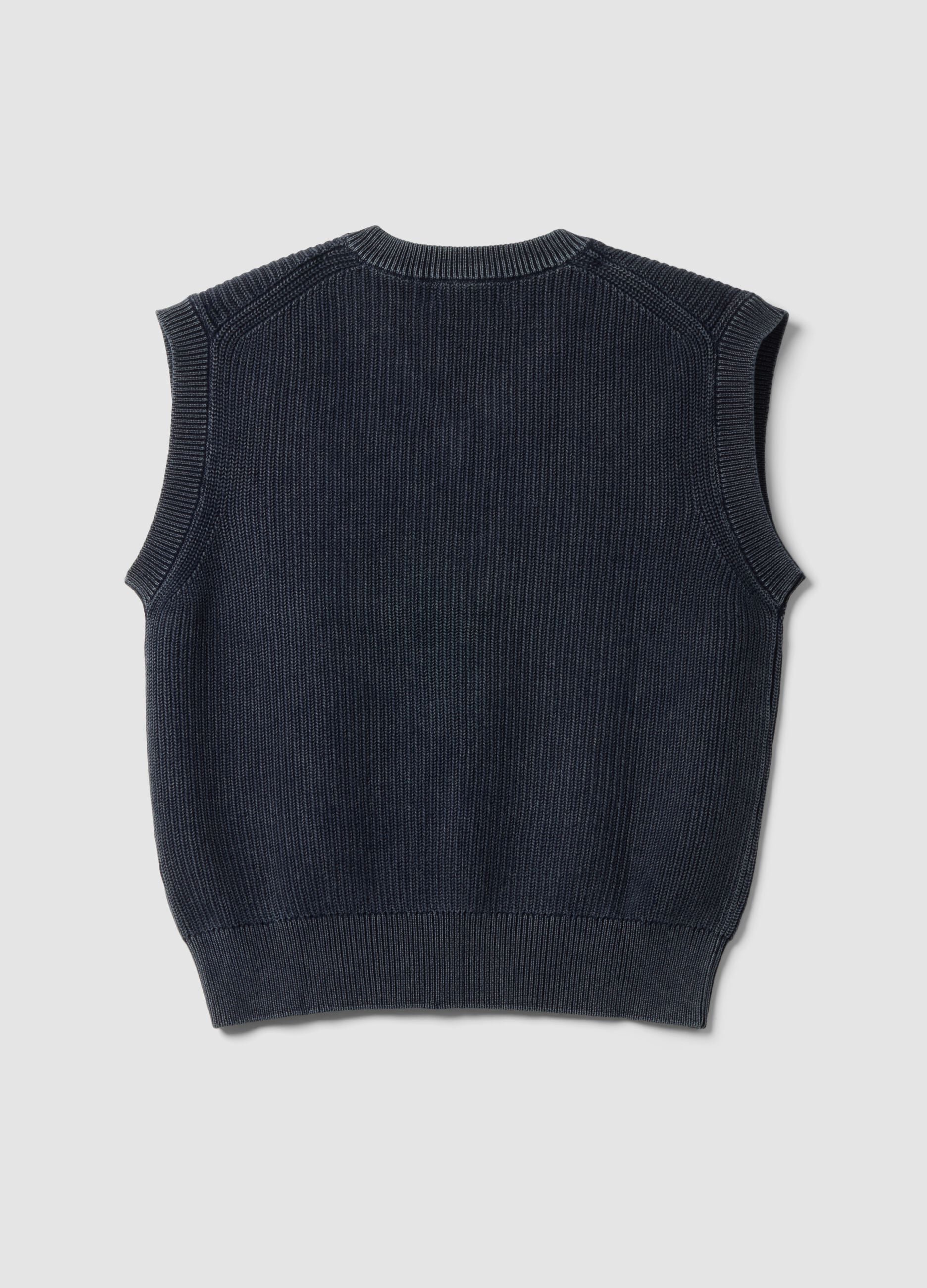 Blue cropped pure cotton vest with deep V-neck