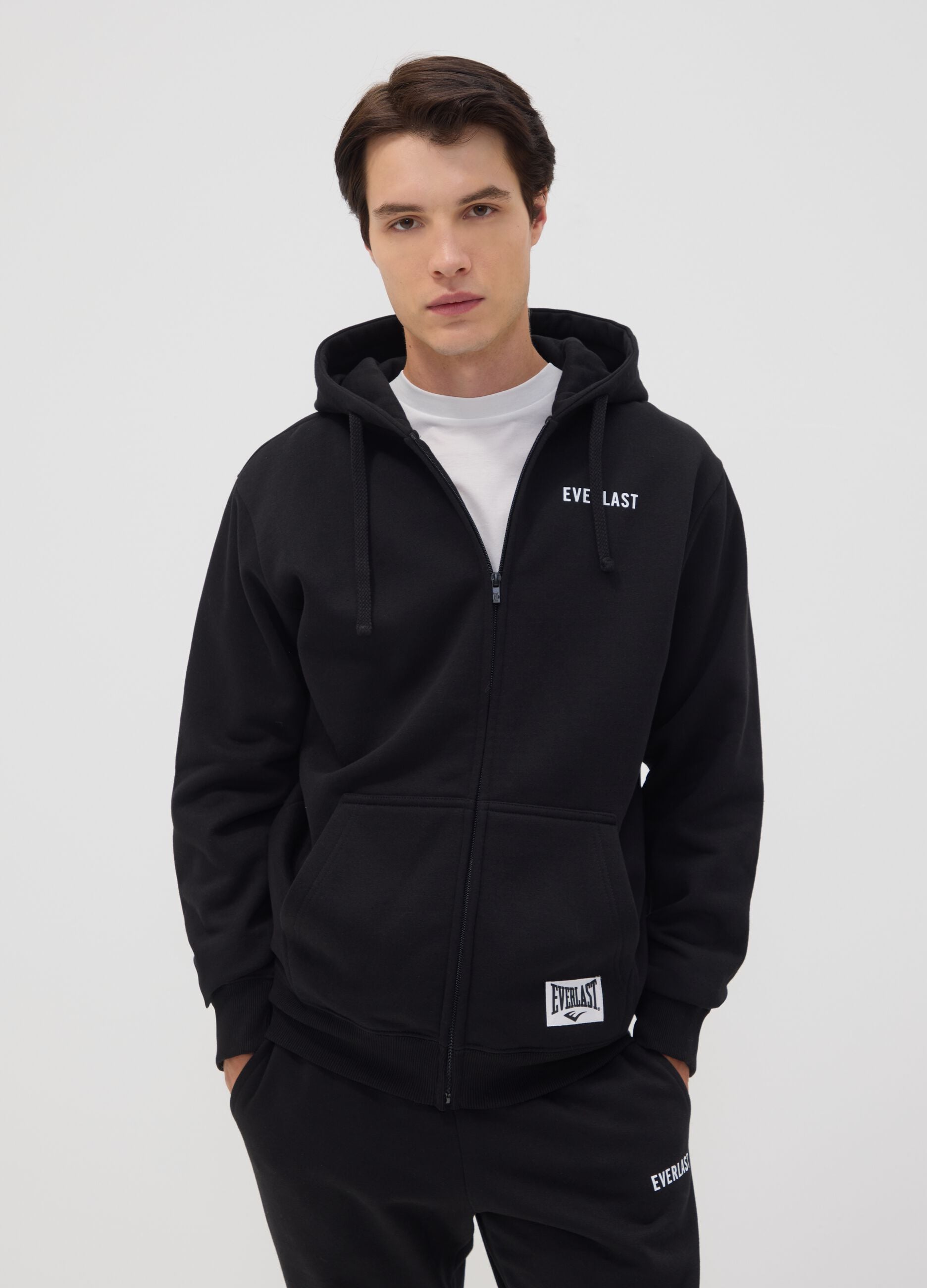 Black zip-up hooded sweatshirt in cotton blend