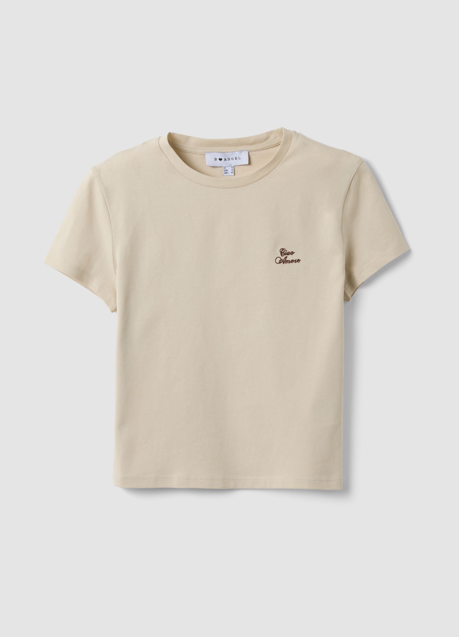 Beige cropped pure cotton crew-neck T-shirt with print
