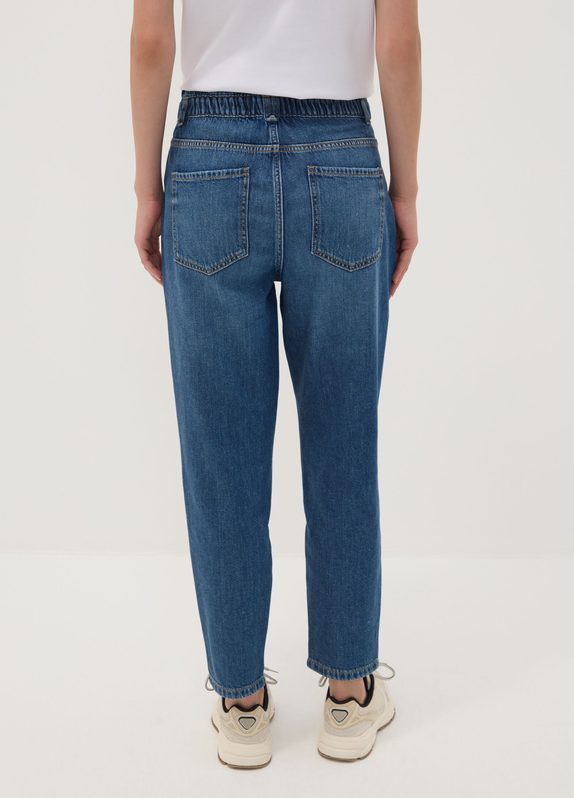 Blue pure cotton denim jeans with paperbag waist, baggy fit