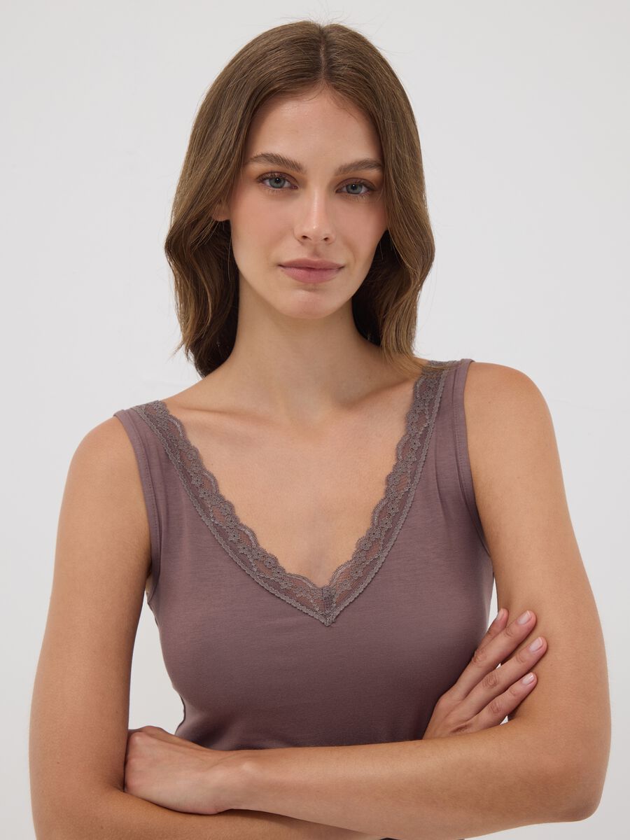 Brown stretch viscose camisole with deep V-neck and lace trim_1
