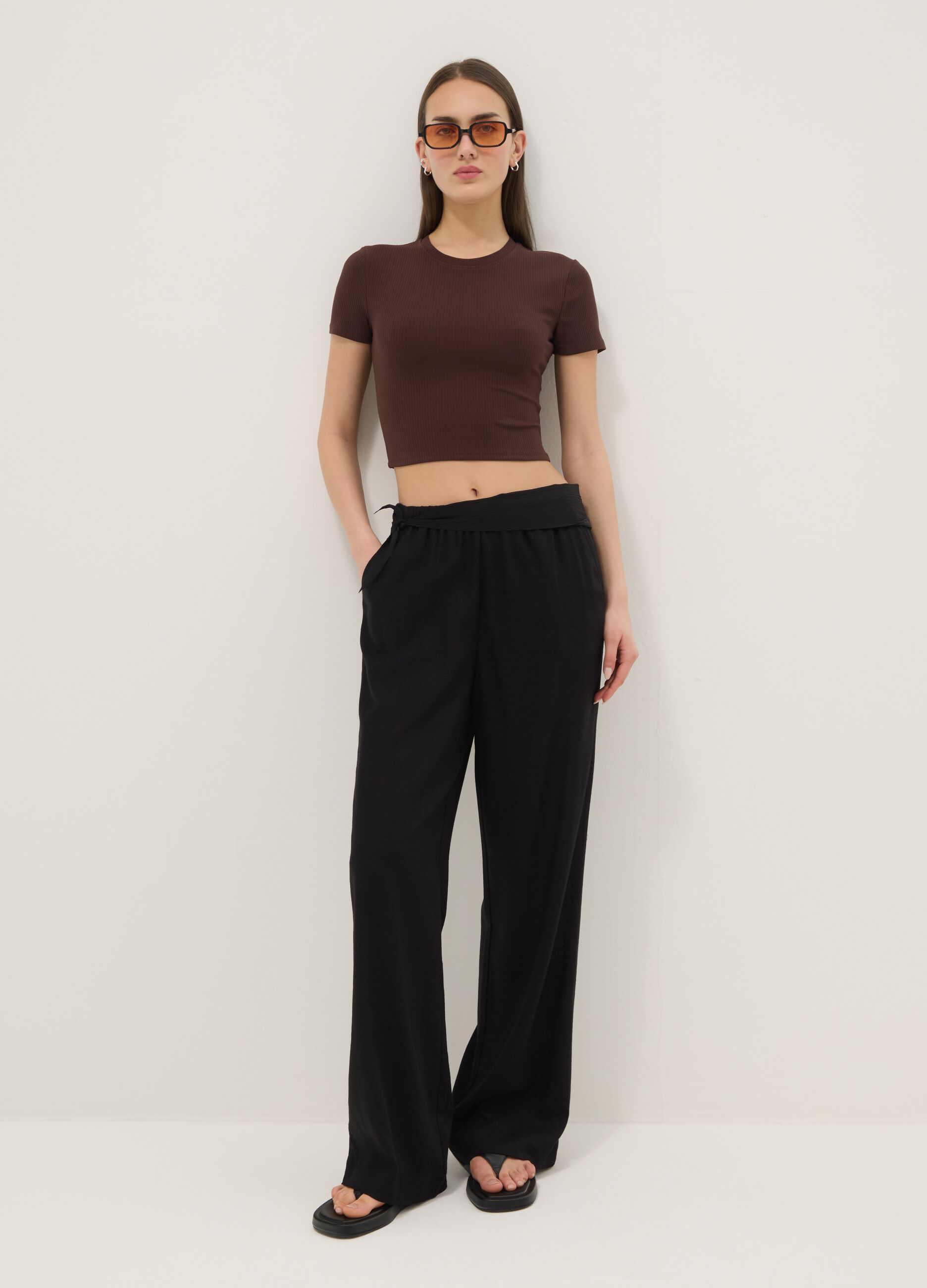 Brown ribbed fitted stretch-cotton T-shirt