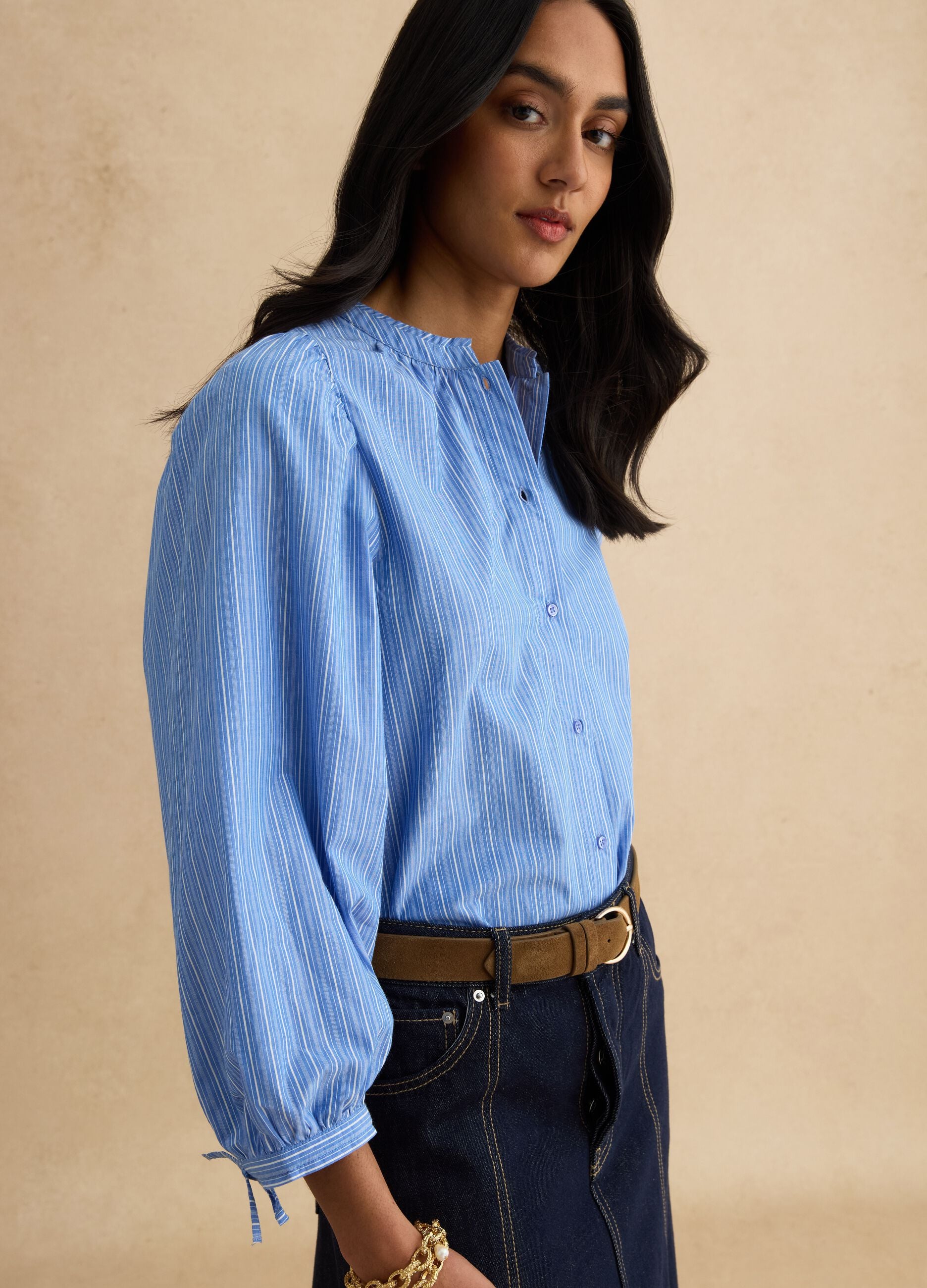 Multicolour striped pure cotton shirt with regular fit and Mandarin collar
