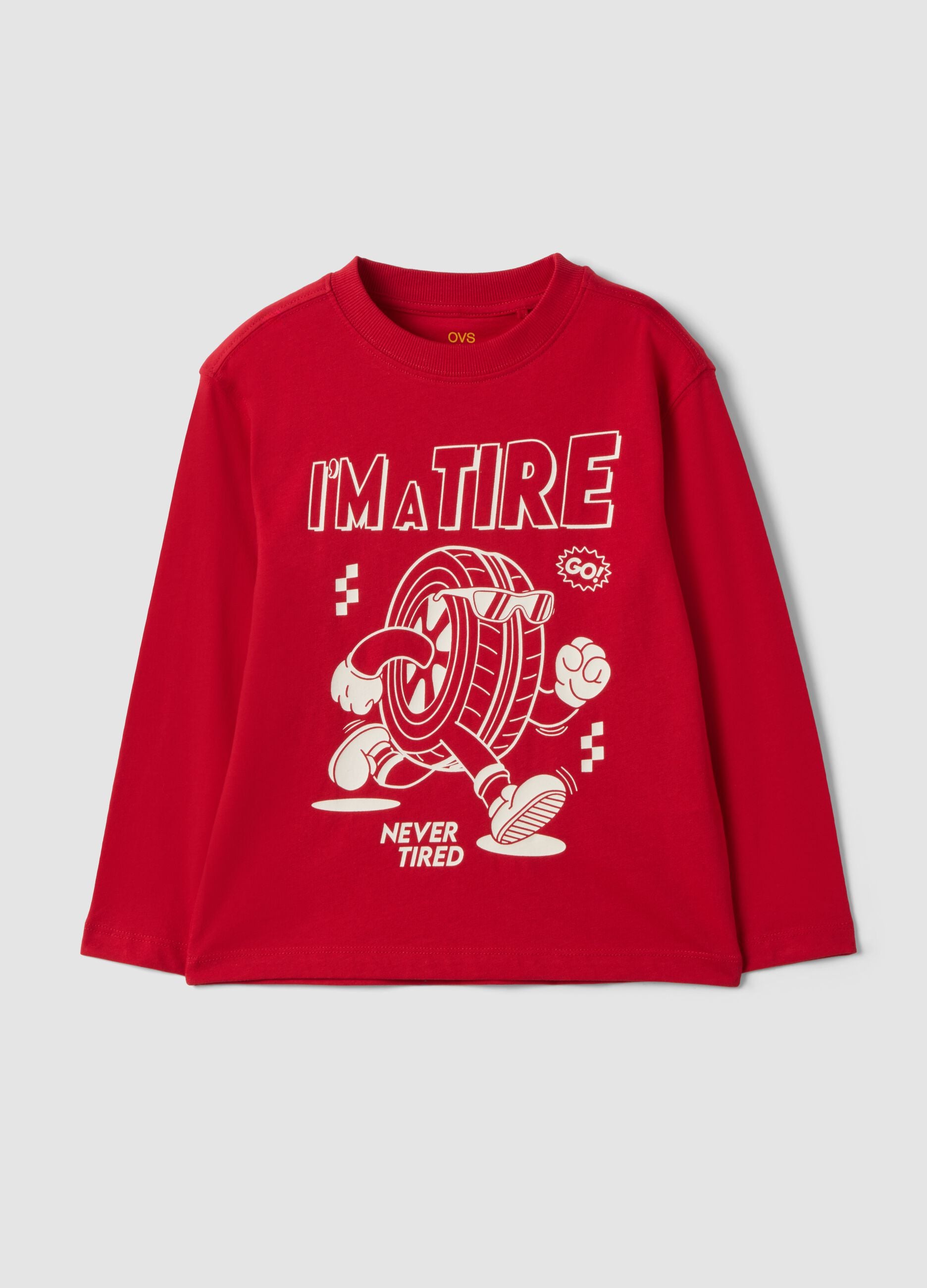 Red oversized pure organic cotton T-shirt with racing print for boys