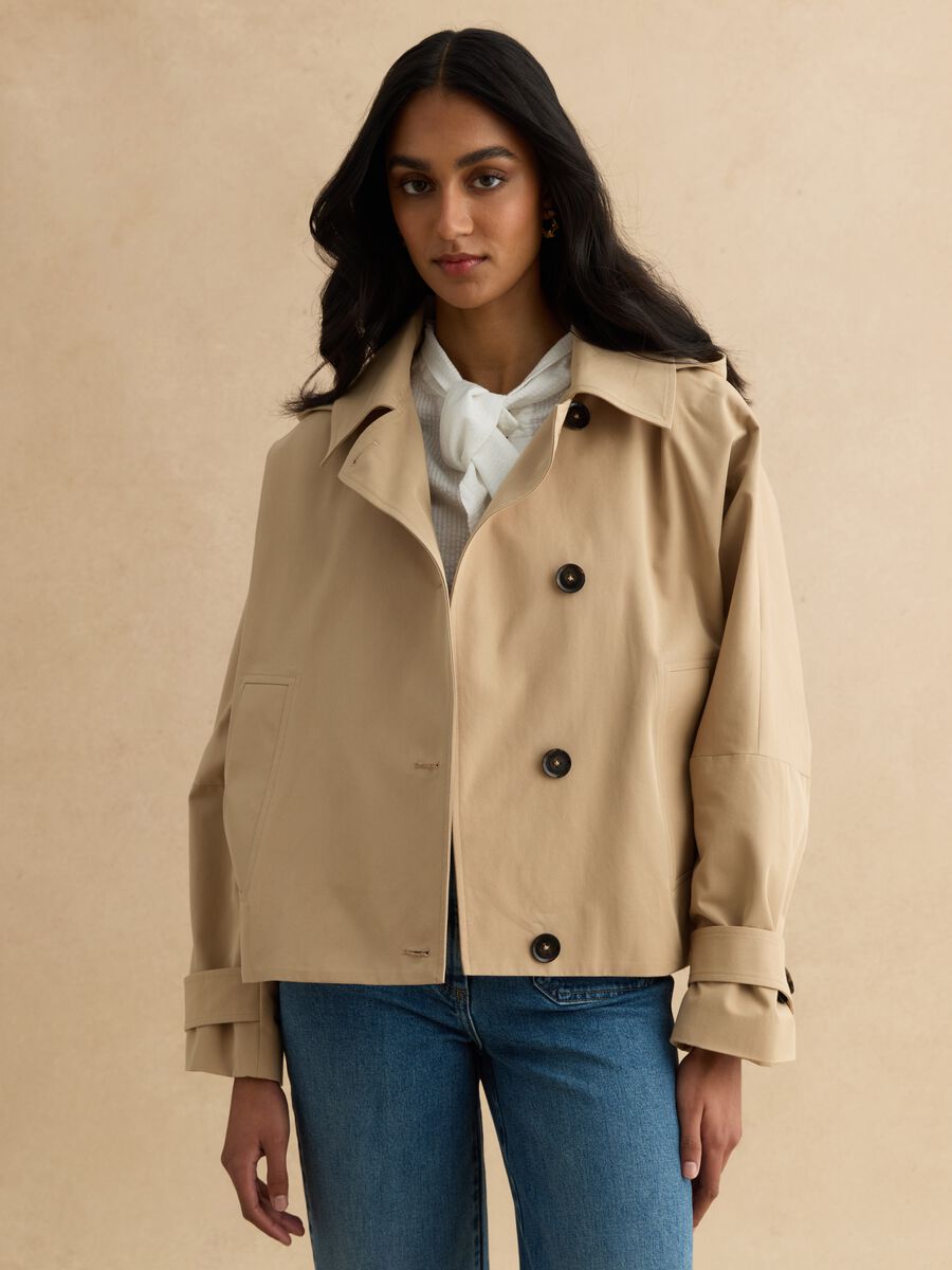 Short beige cotton blend trench coat, regular fit with hood_0