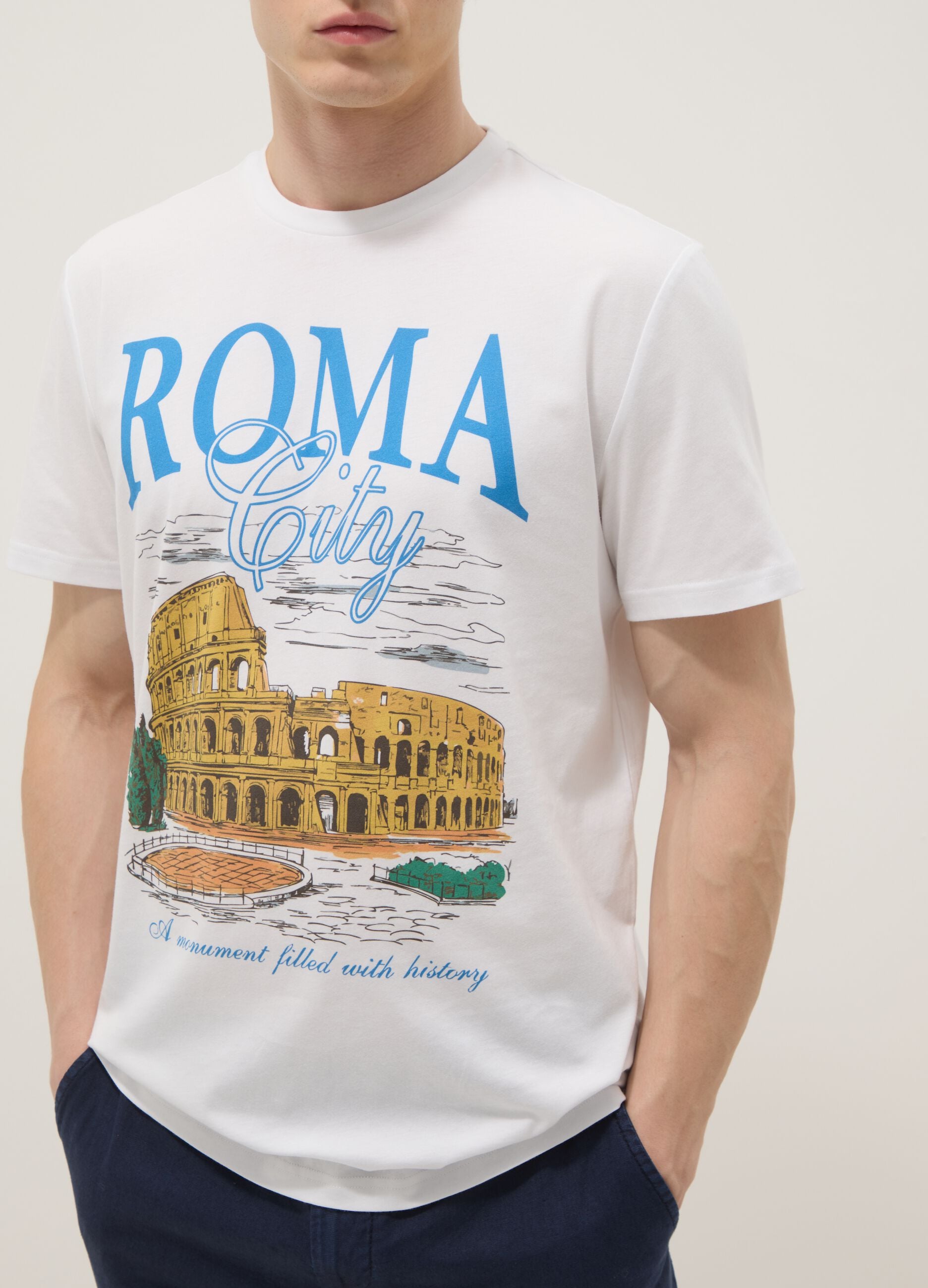 White pure cotton T-shirt with print, regular fit