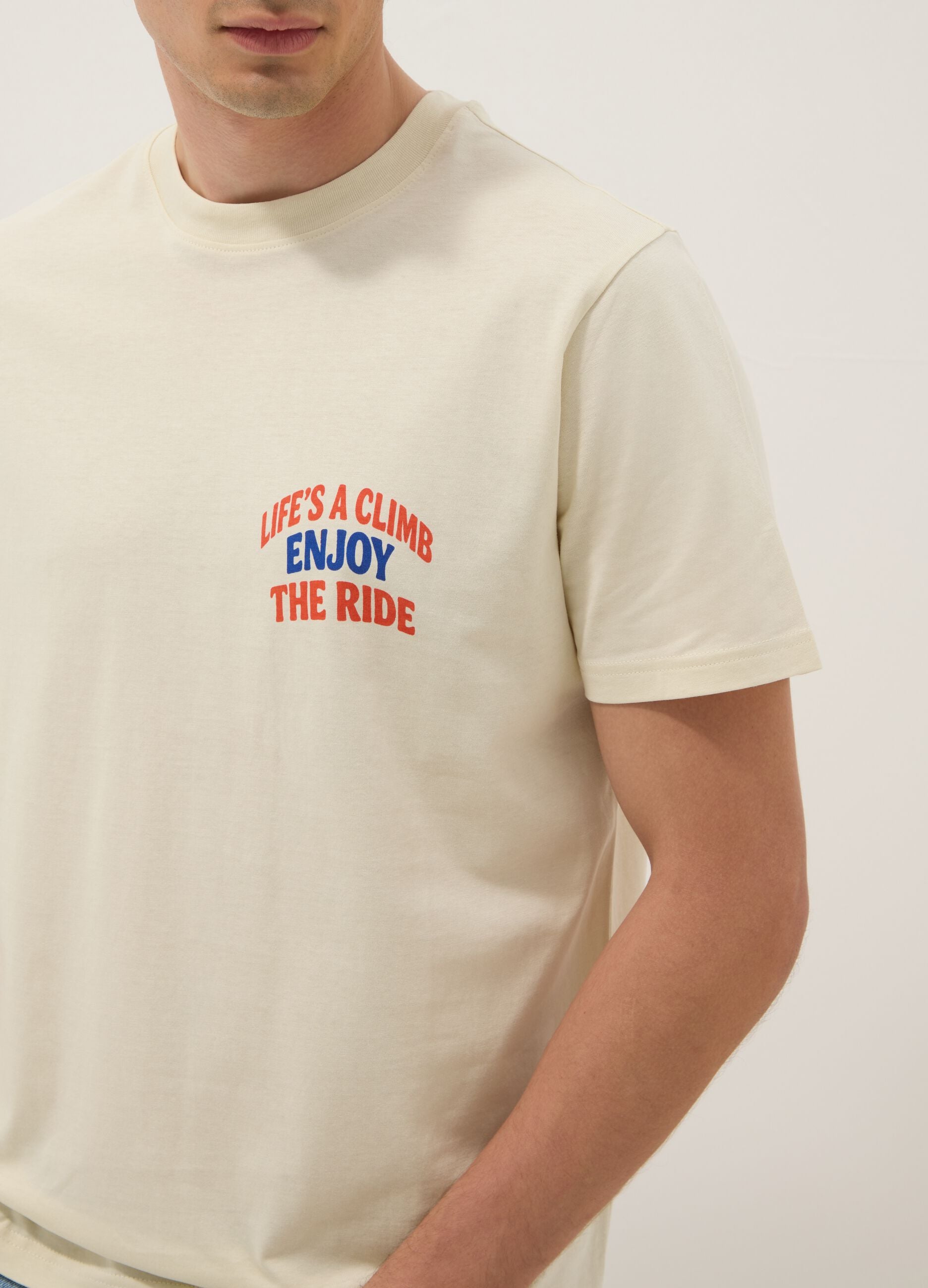 Beige pure cotton jersey T-shirt with slogan, regular fit