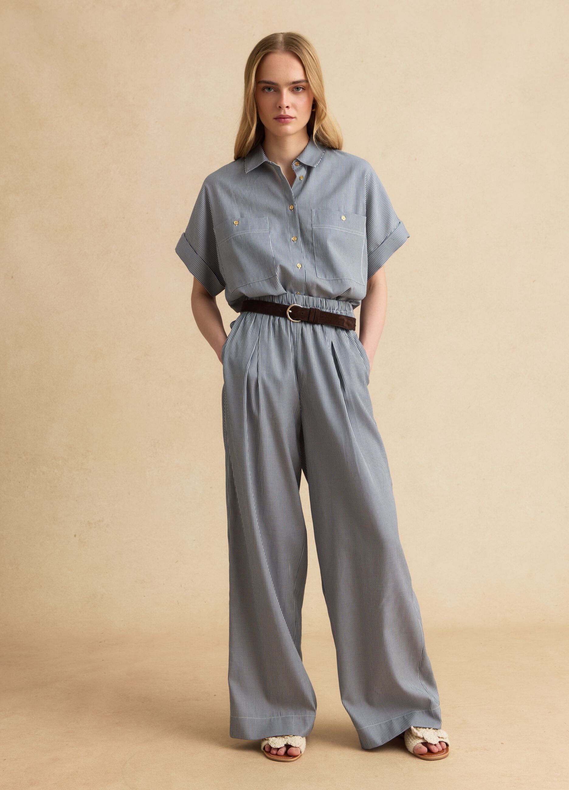 Blue striped palazzo trousers with elasticated waist
