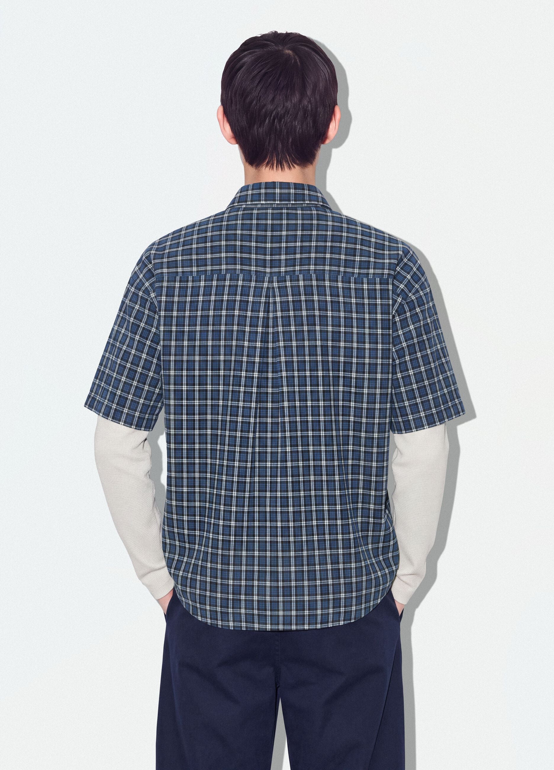 Blue checked cropped pure cotton shirt with layered over-fit sleeves
