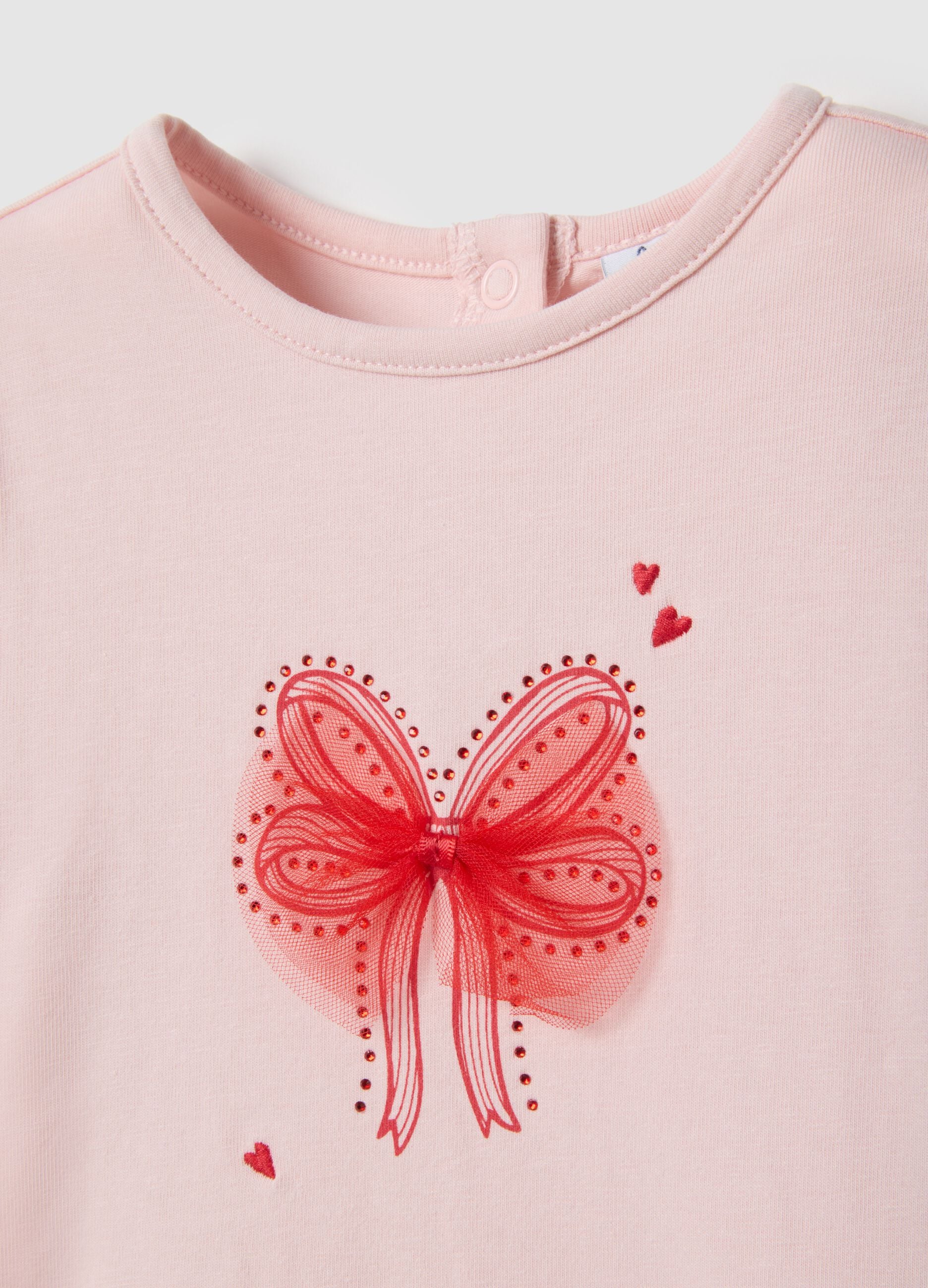 Pink Long Sleeve Cotton Stretch T-shirt with Bow Accent