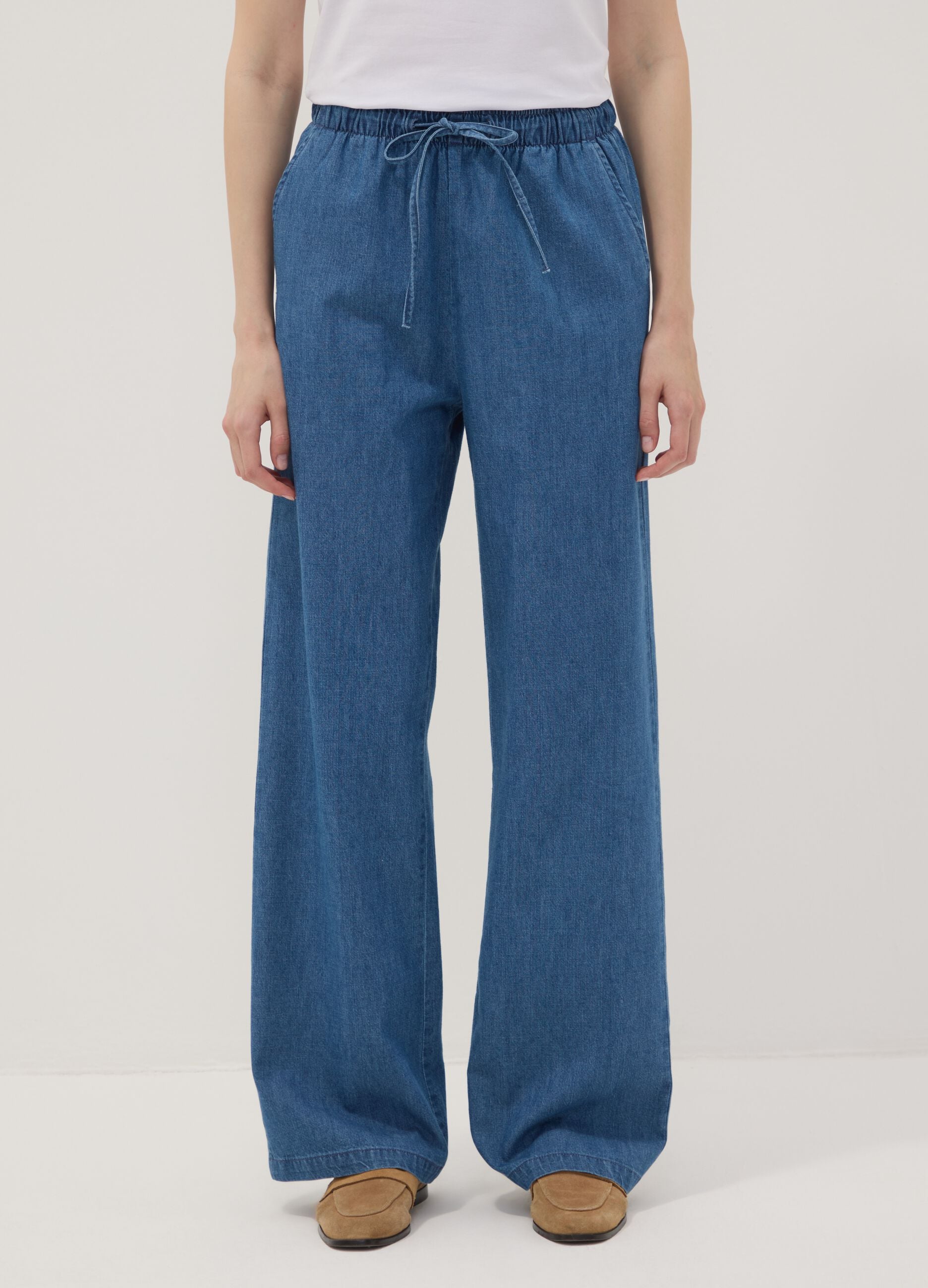 Blue pure cotton wide-leg denim trousers with drawstring