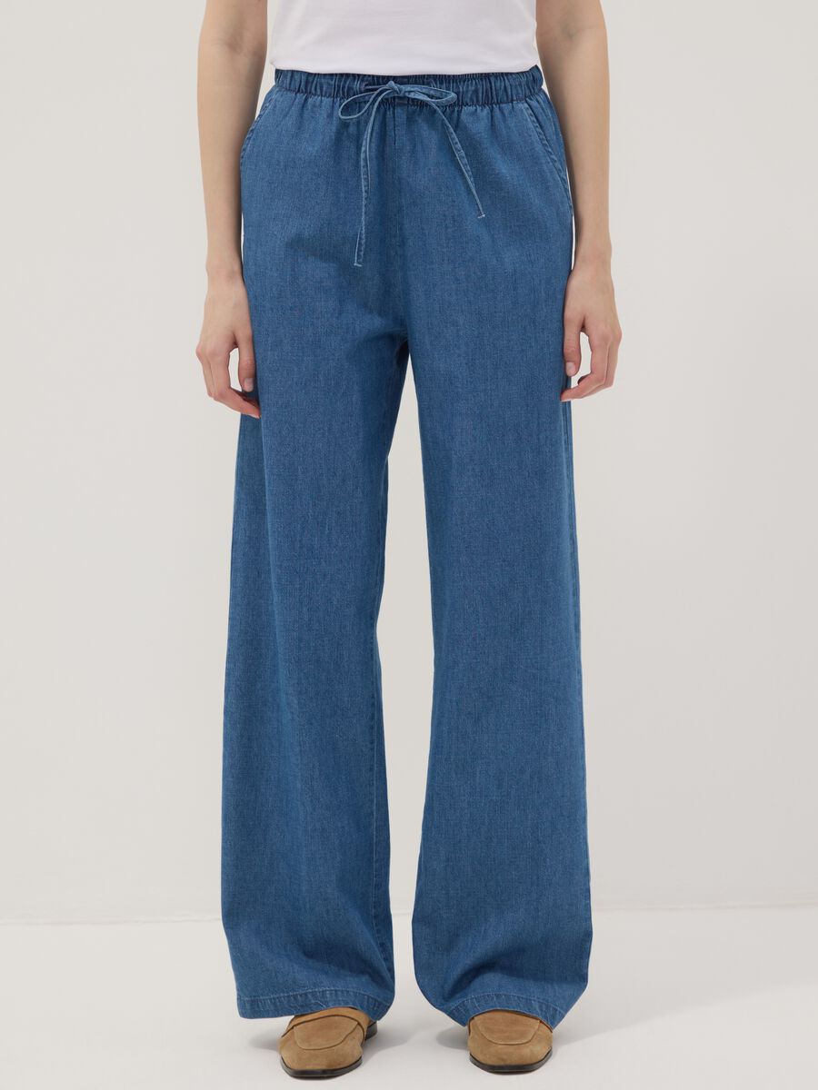 Blue pure cotton wide-leg denim trousers with drawstring_1