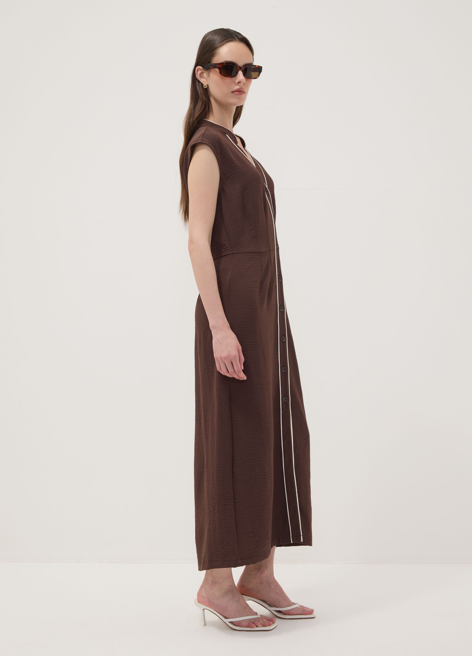 Long brown V-neck button-through dress, regular fit