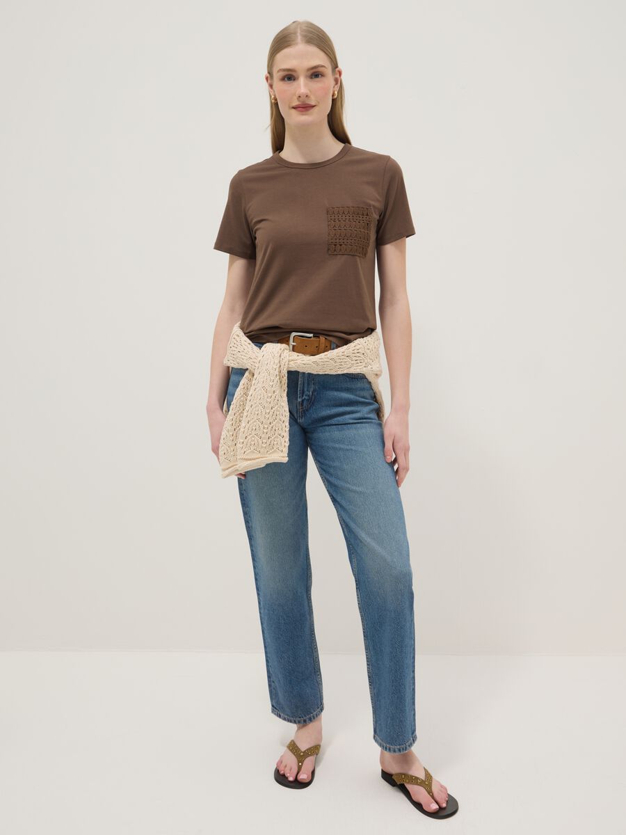 Brown pure cotton regular-fit T-shirt with embroidered chest pocket_2