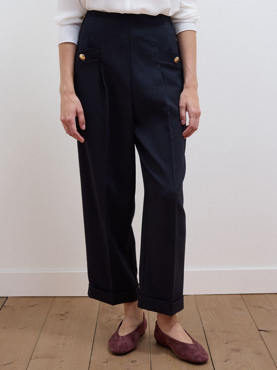 Black stretch viscose trousers with regular tapered fit_1