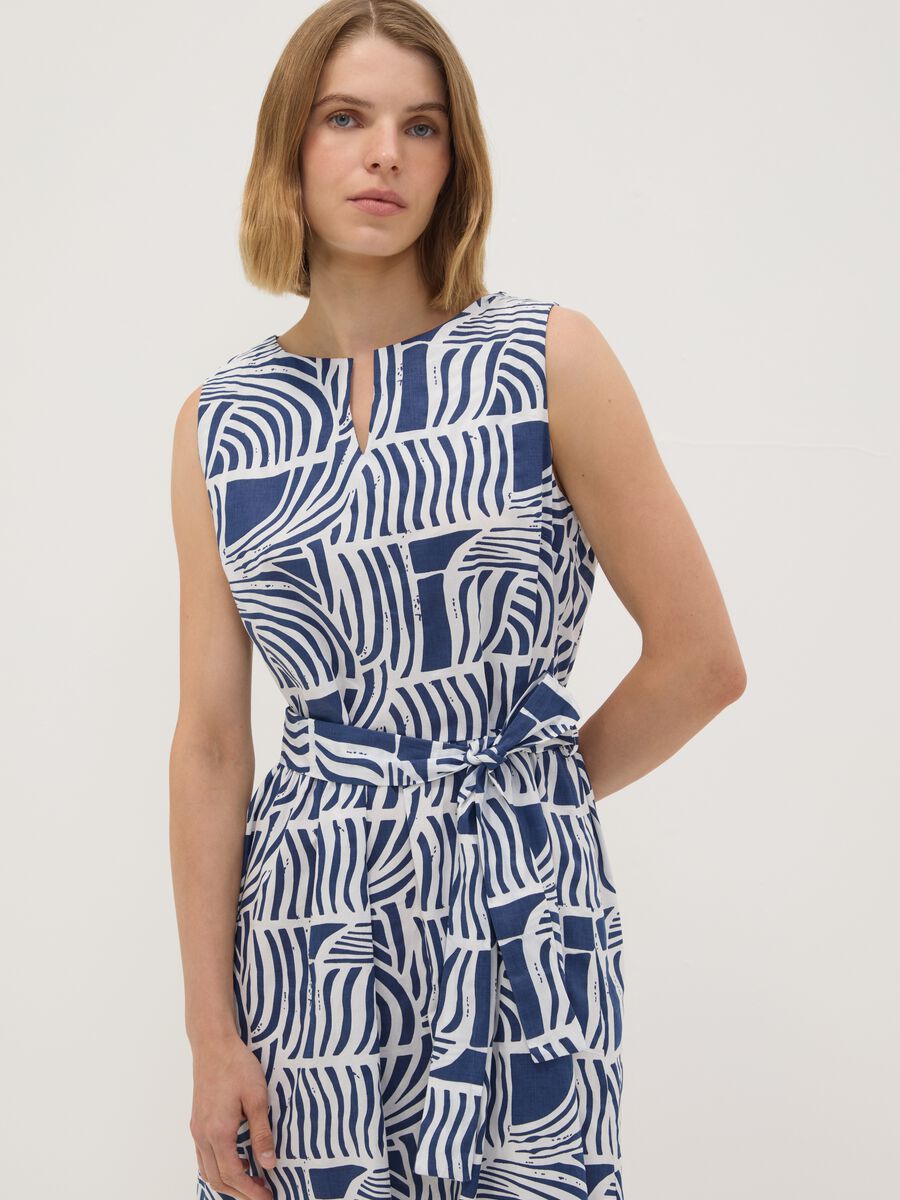 Blue pure cotton dress with print and matching belt, regular fit_0