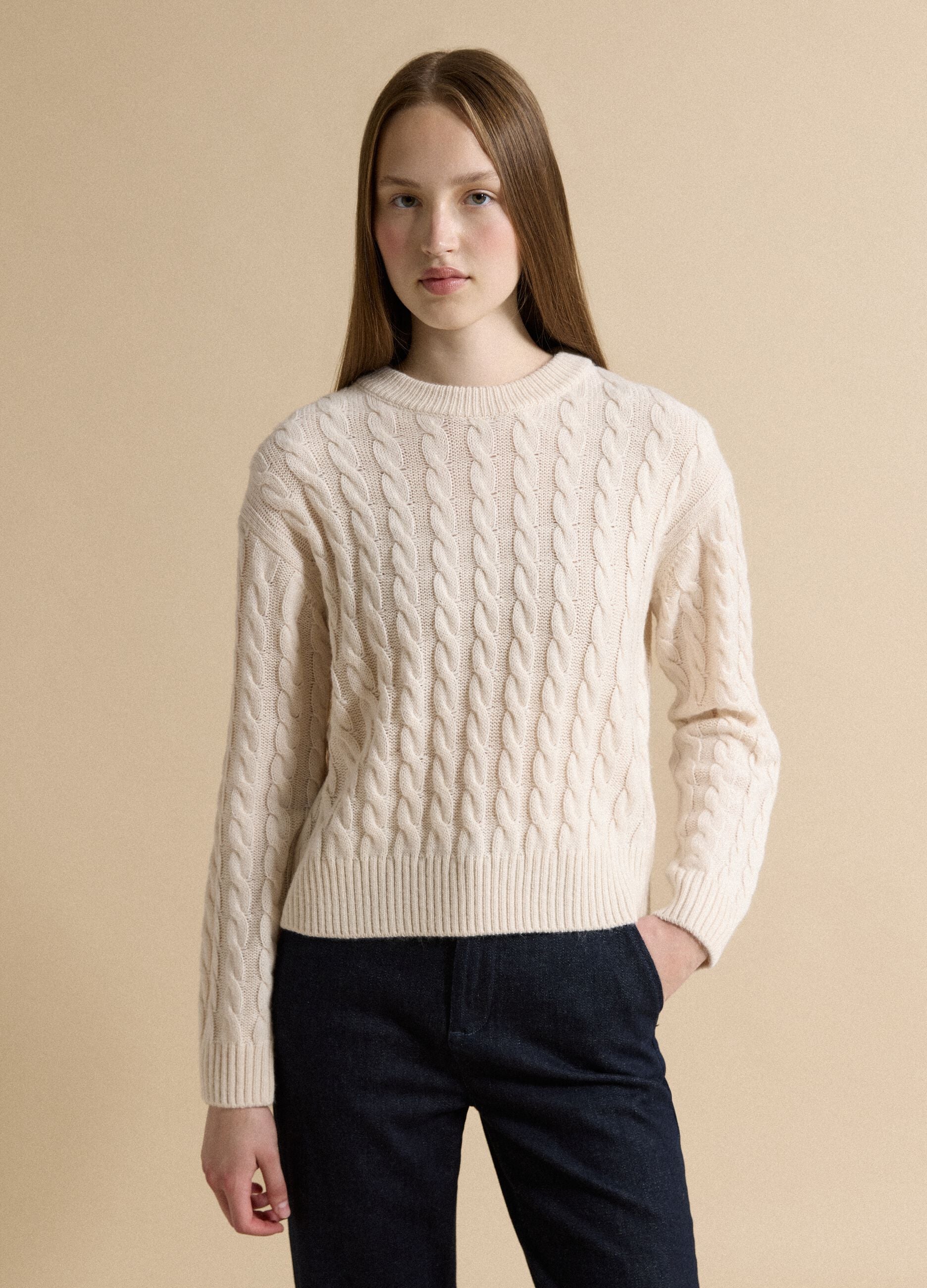 Beige wool-blend cable-knit crew-neck jumper in an oversized fit