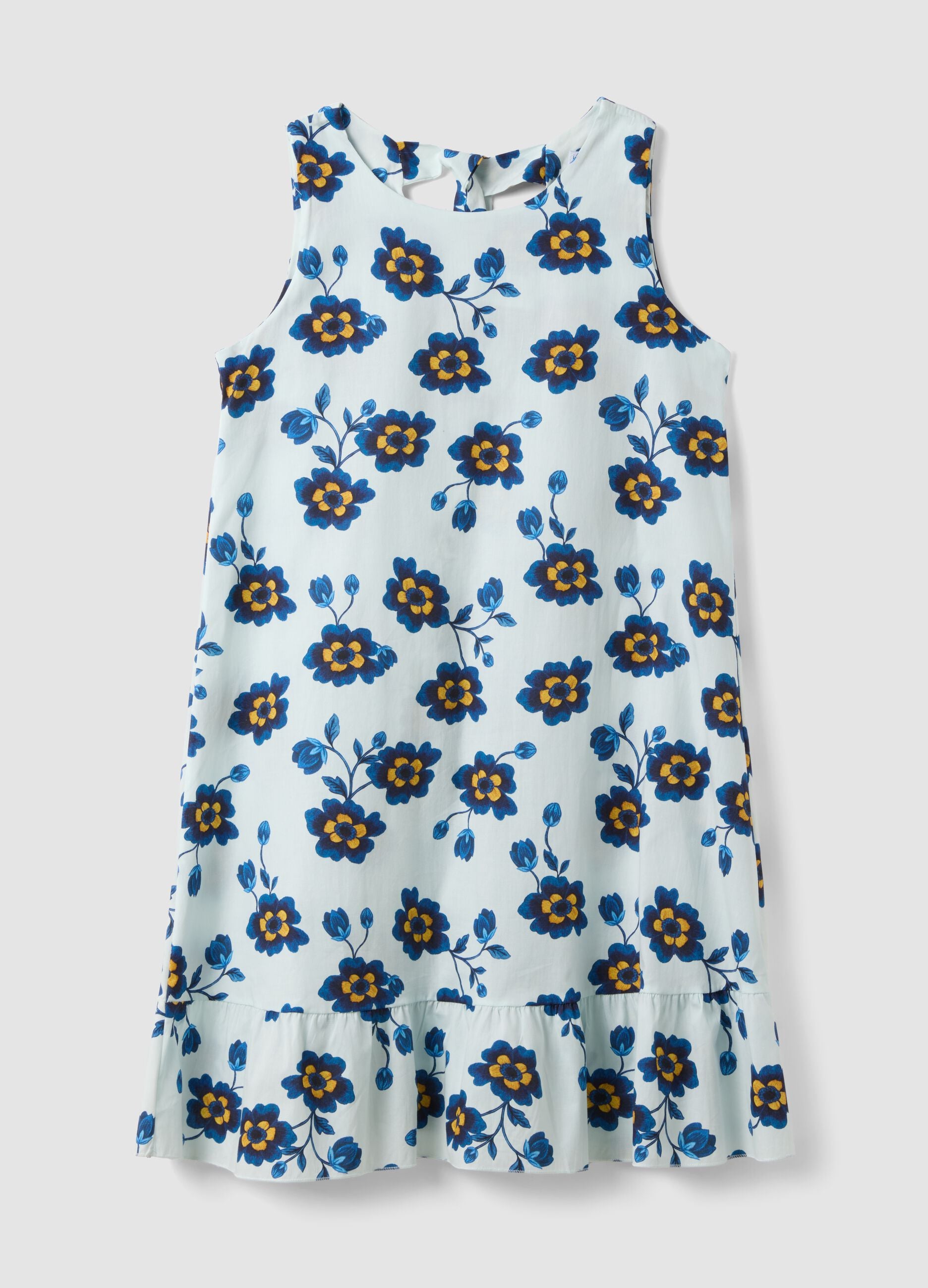 White stretch cotton dress with floral print, regular fit