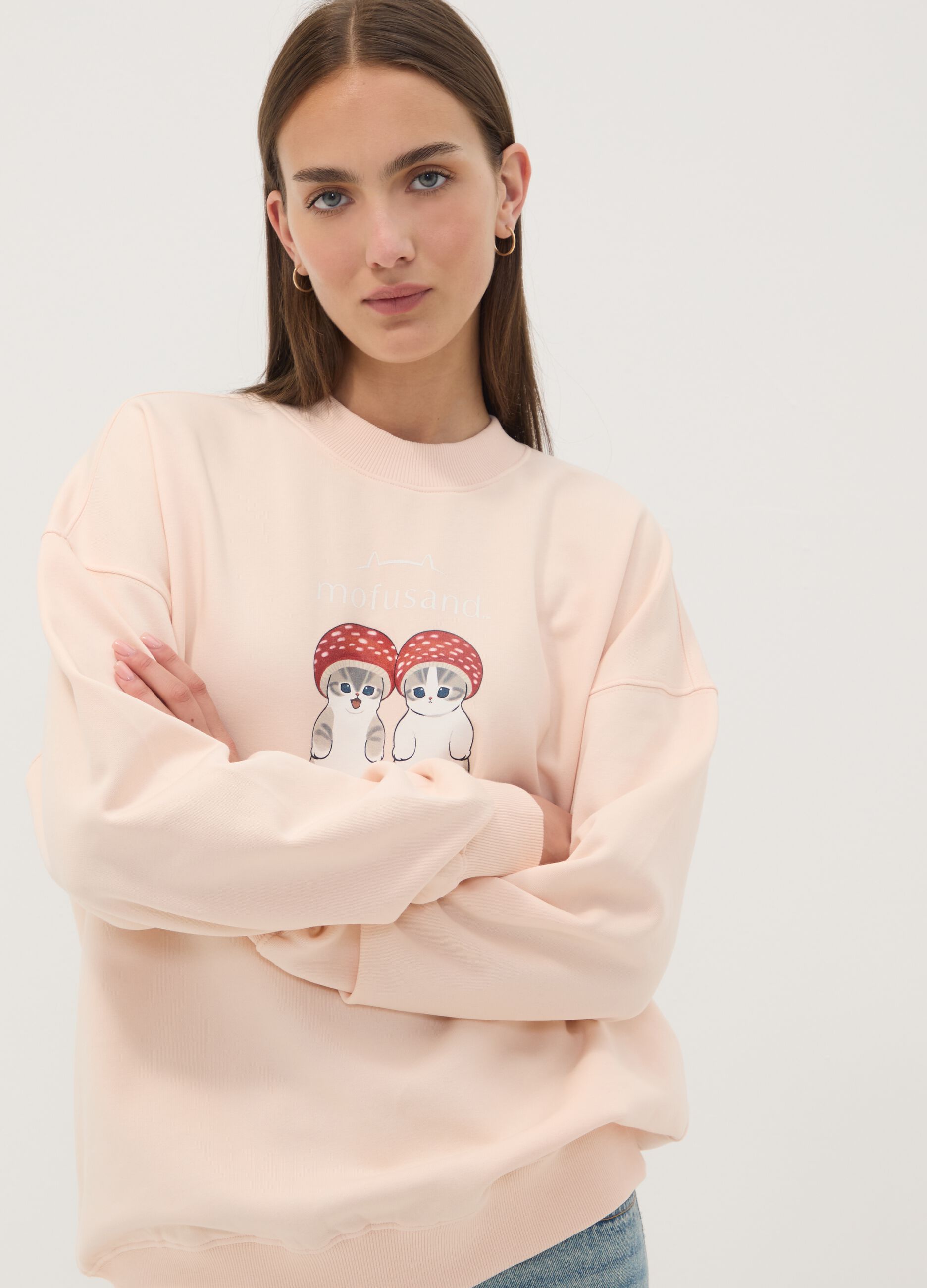 Pink cotton-blend sweatshirt with kitten print, regular fit