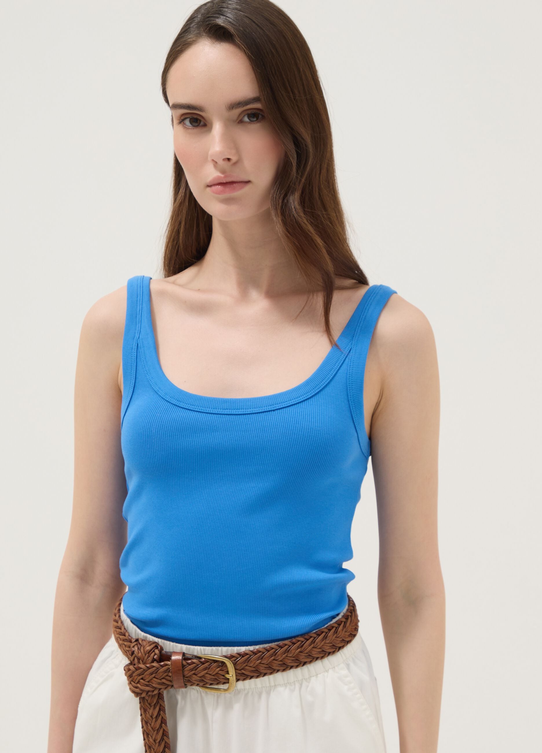 Blue fitted stretch cotton vest top