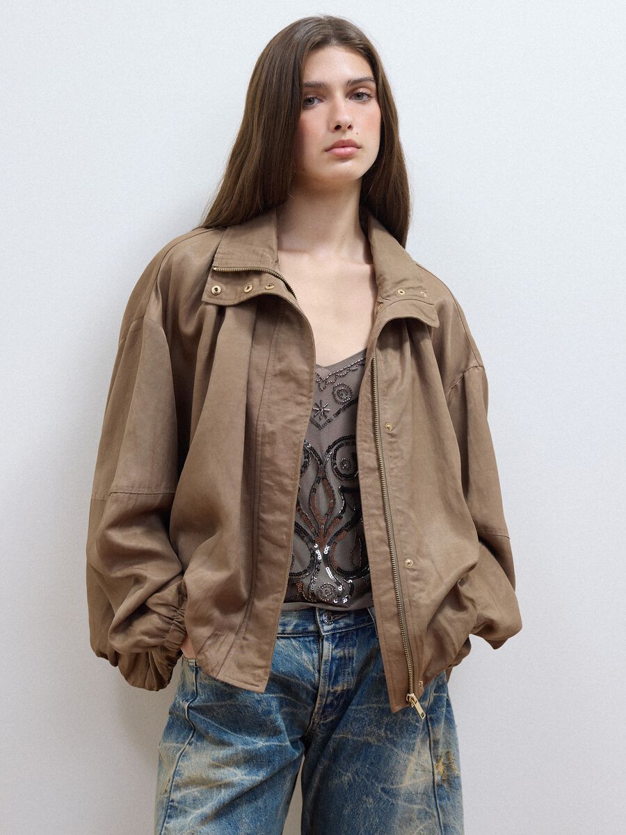 Brown regular-fit jacket in viscose and linen blend_1