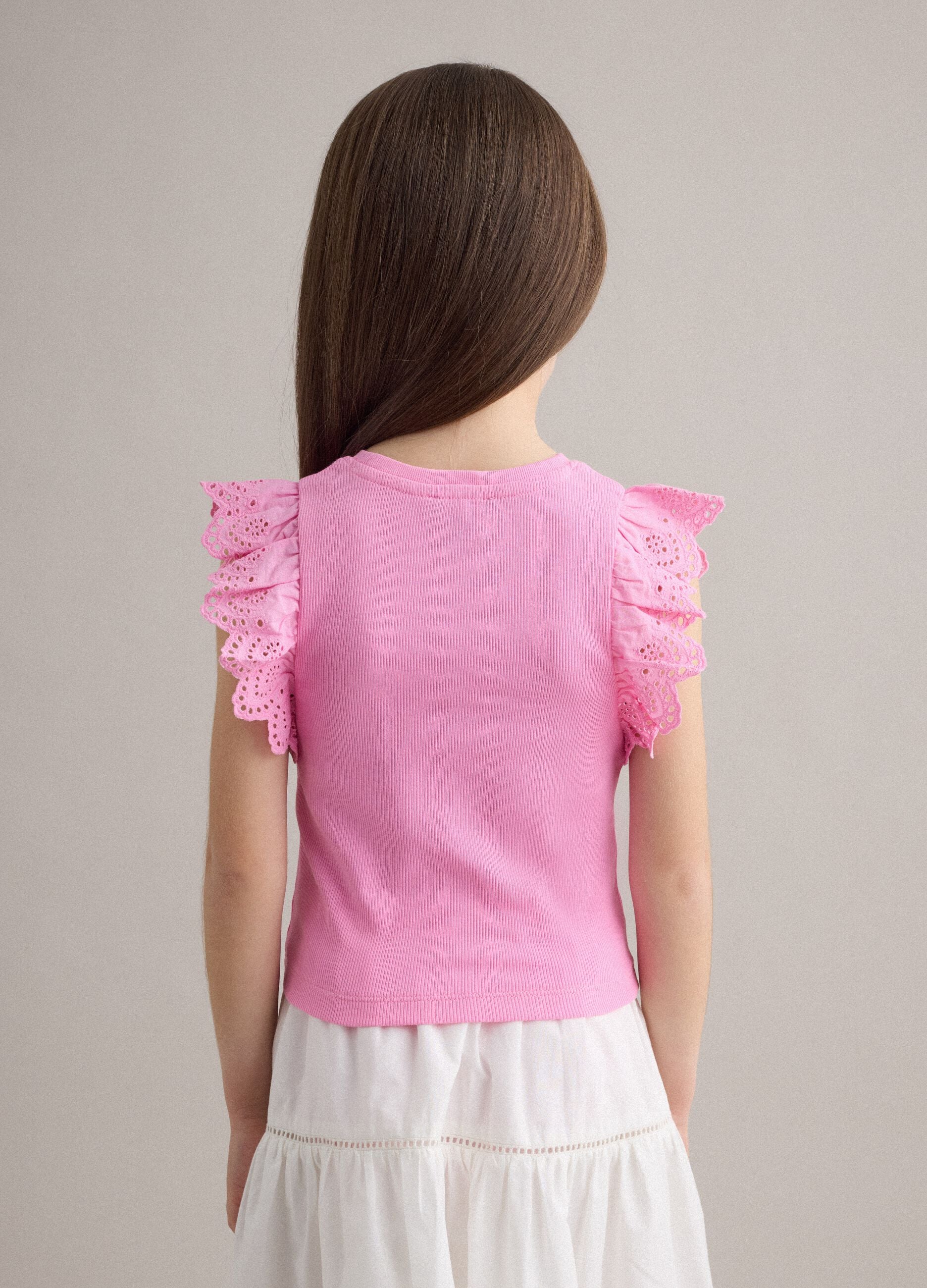 Girls&rsquo; pink stretch cotton vest top with ruffles