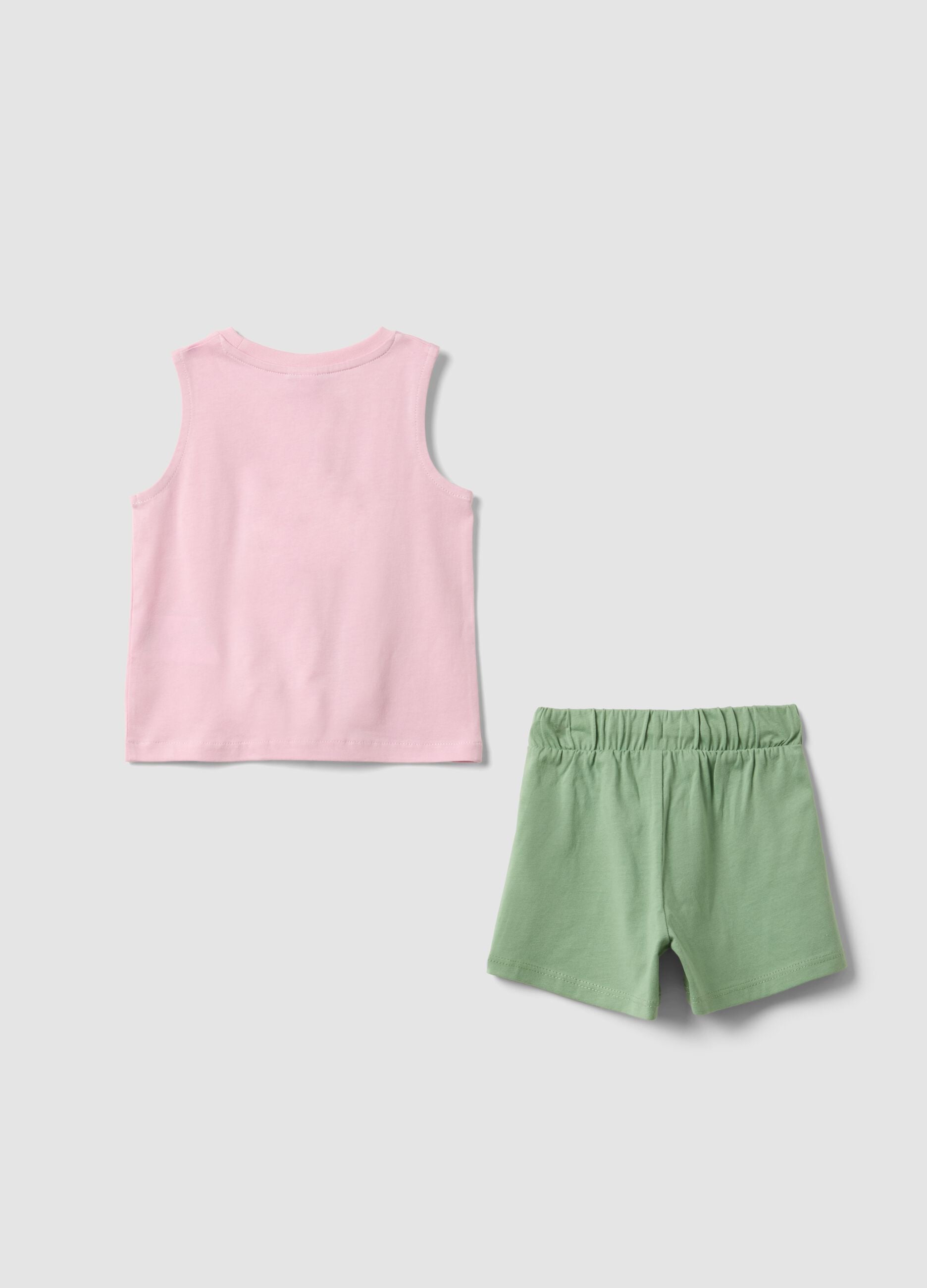 Pink and green pure cotton top and shorts set for baby girl