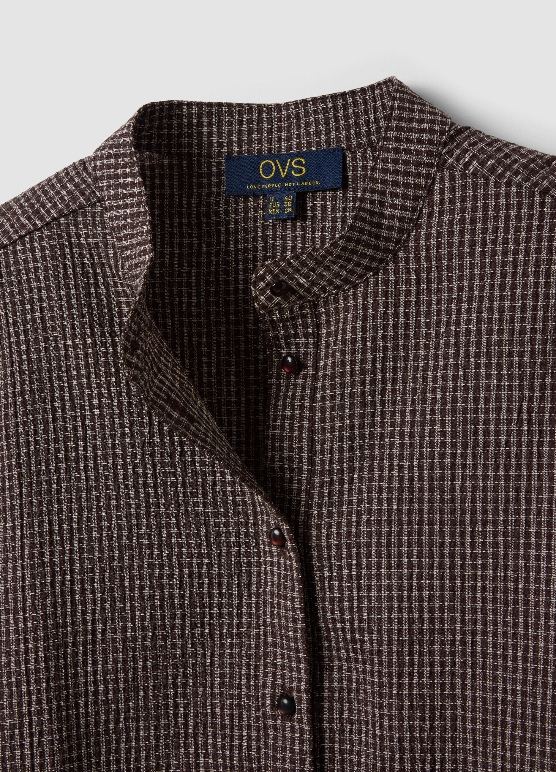 Brown stretch viscose shirt with Mandarin collar