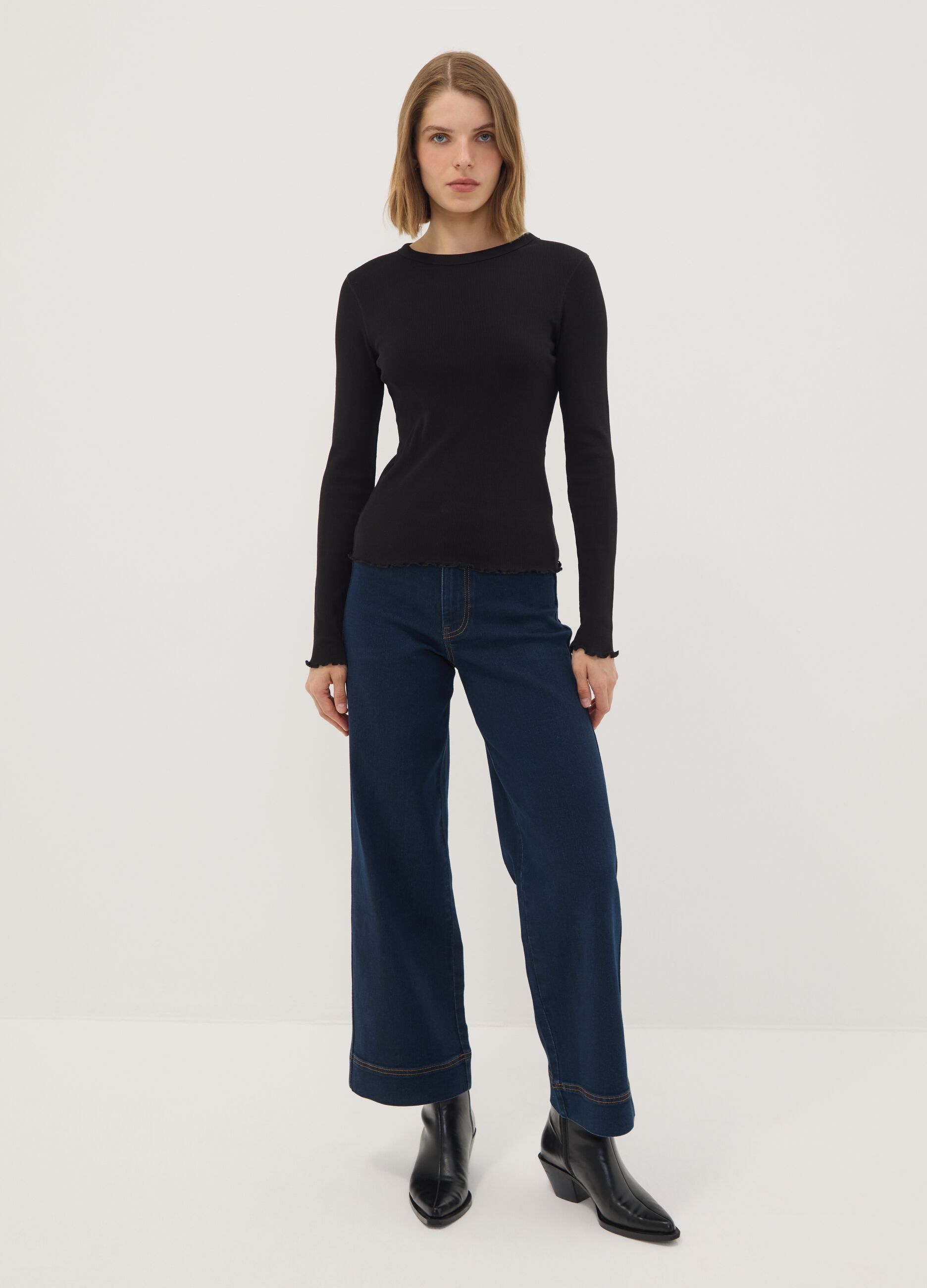 Black pure cotton long-sleeve crew-neck T-shirt, regular fit