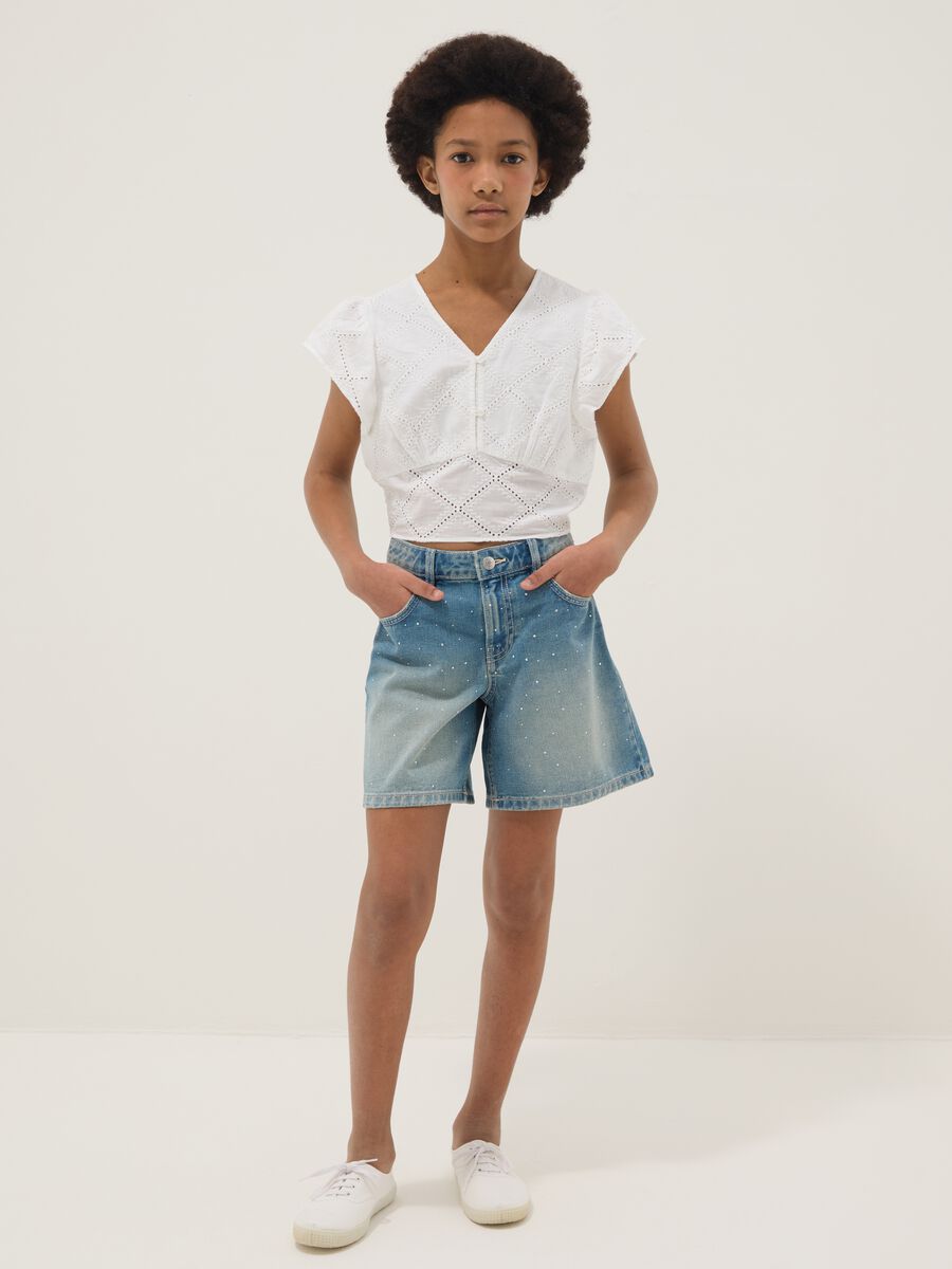 Blue pure-cotton denim shorts for girls, regular fit with polka-dot detail_0