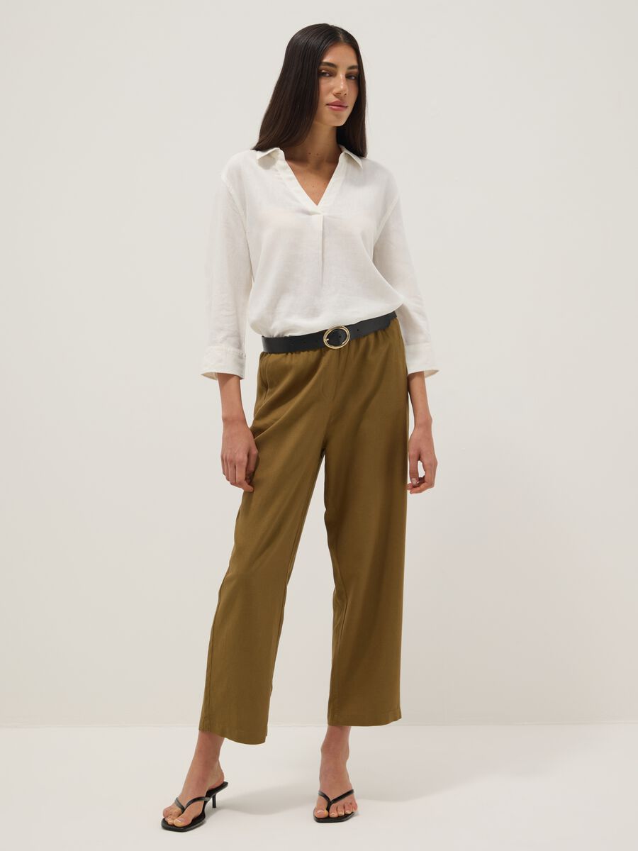 Brown viscose-linen blend straight-fit trousers with drawstring_0