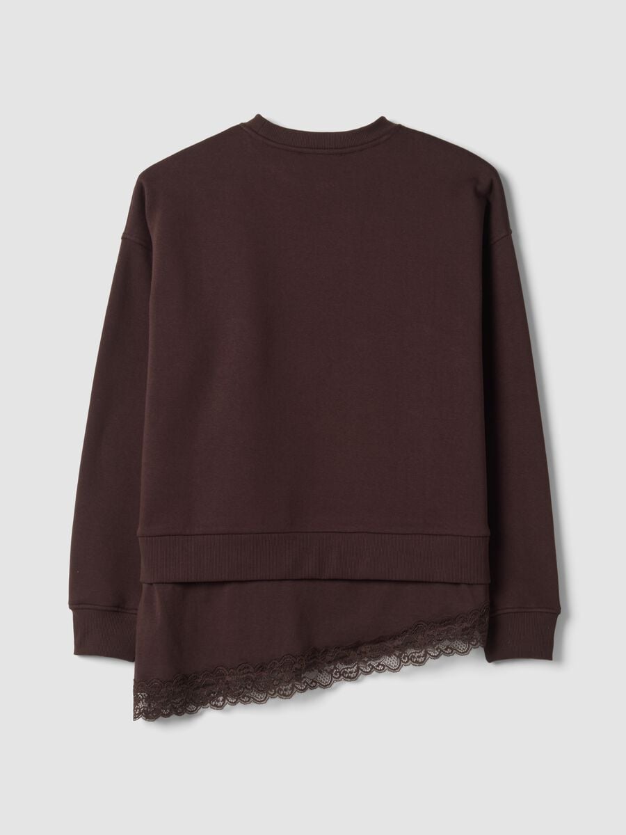 Brown cotton-blend sweatshirt with crew neck and lace detail_2