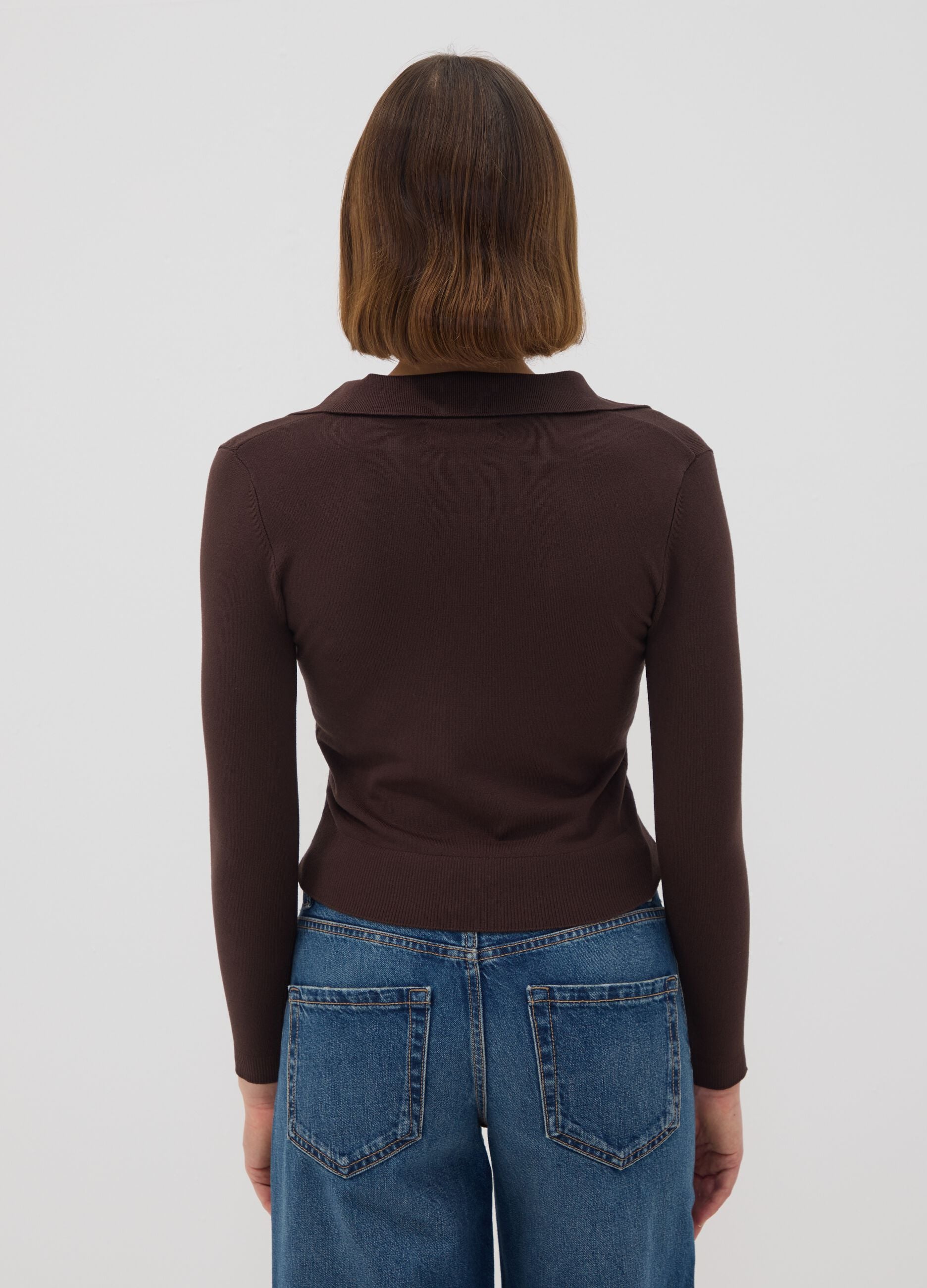 Brown viscose-blend polo-collar jumper, regular fit