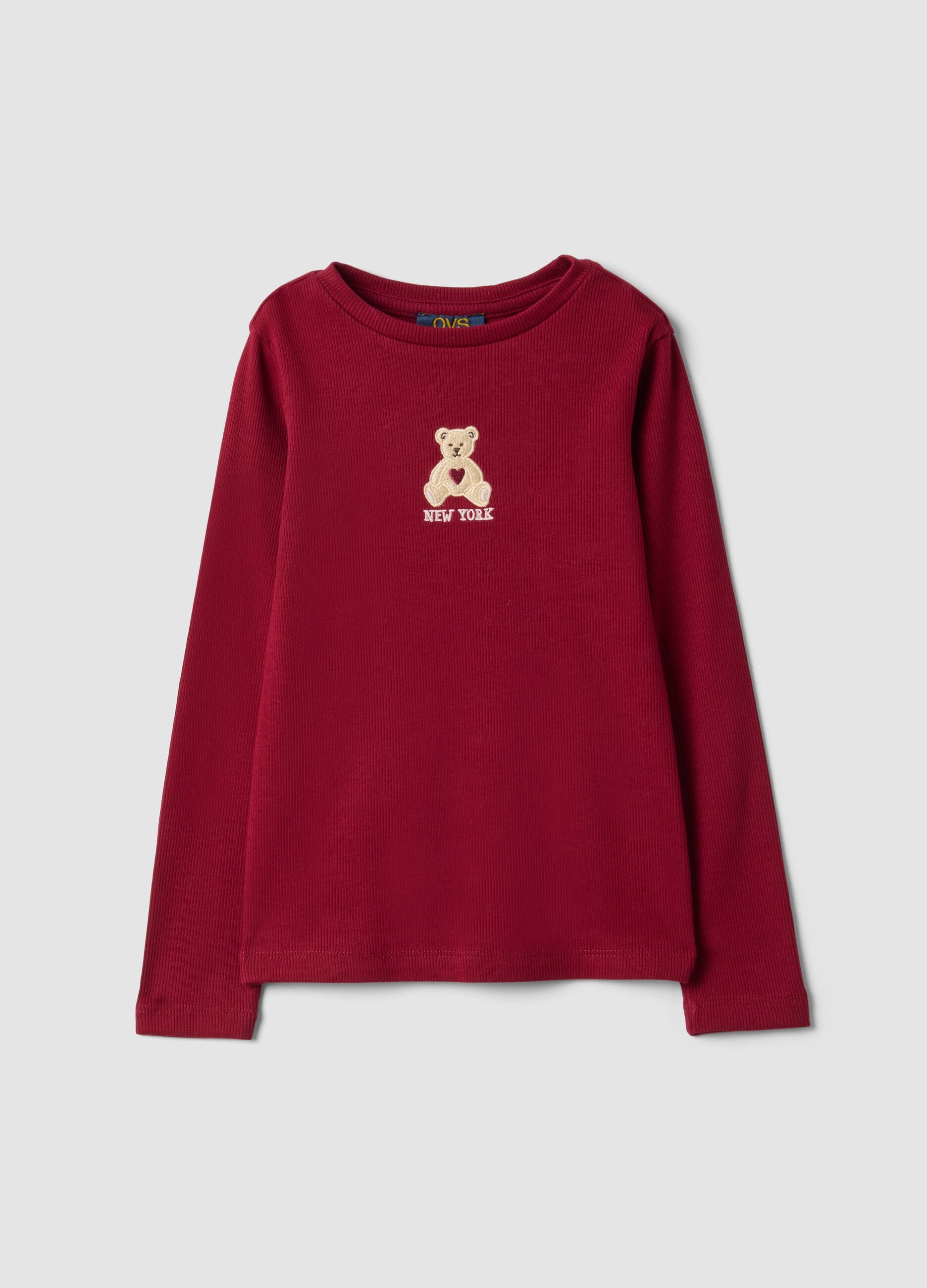 Red ribbed stretch cotton T-shirt with teddy bear embroidery