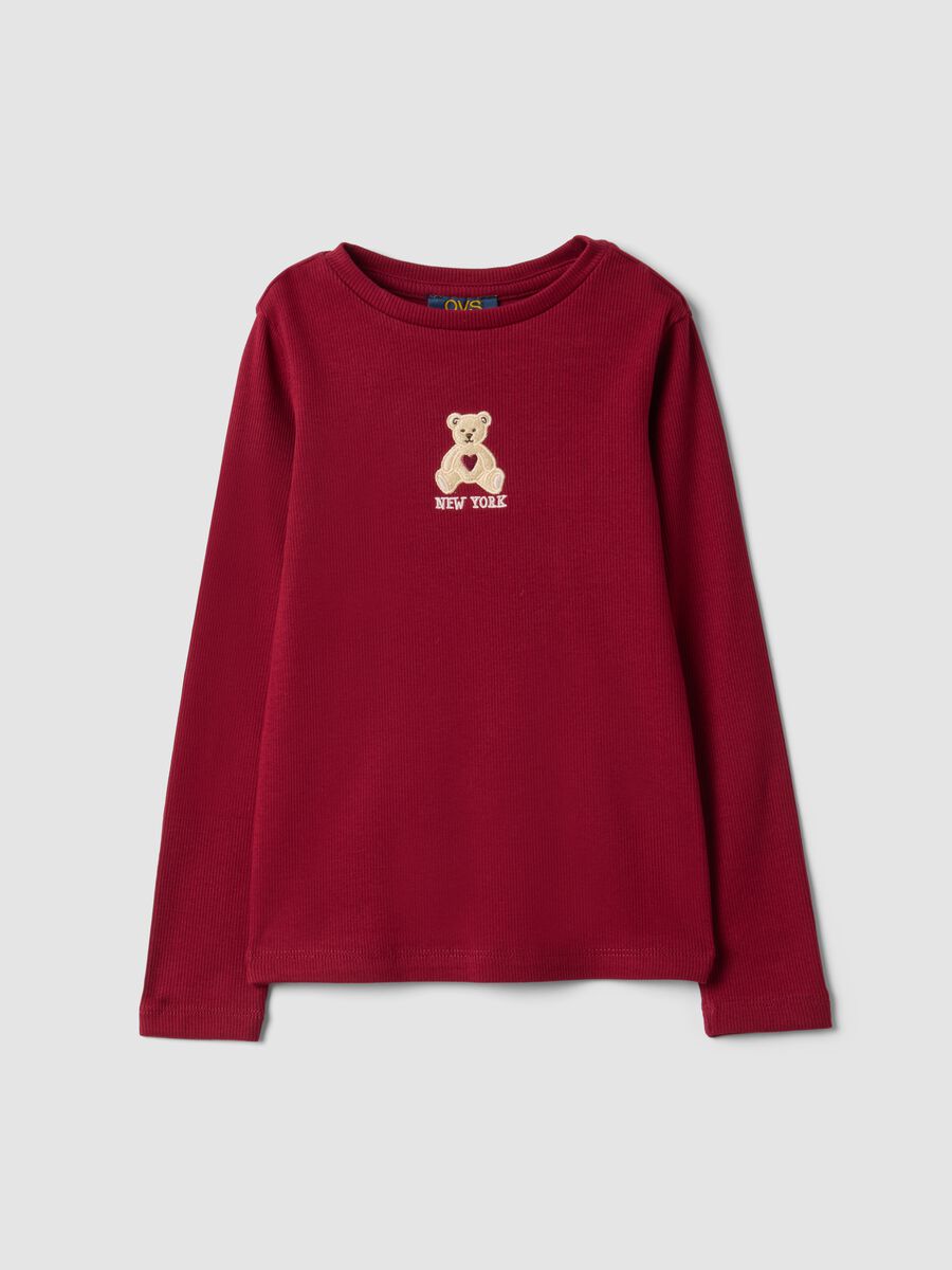 Red ribbed stretch cotton T-shirt with teddy bear embroidery_0