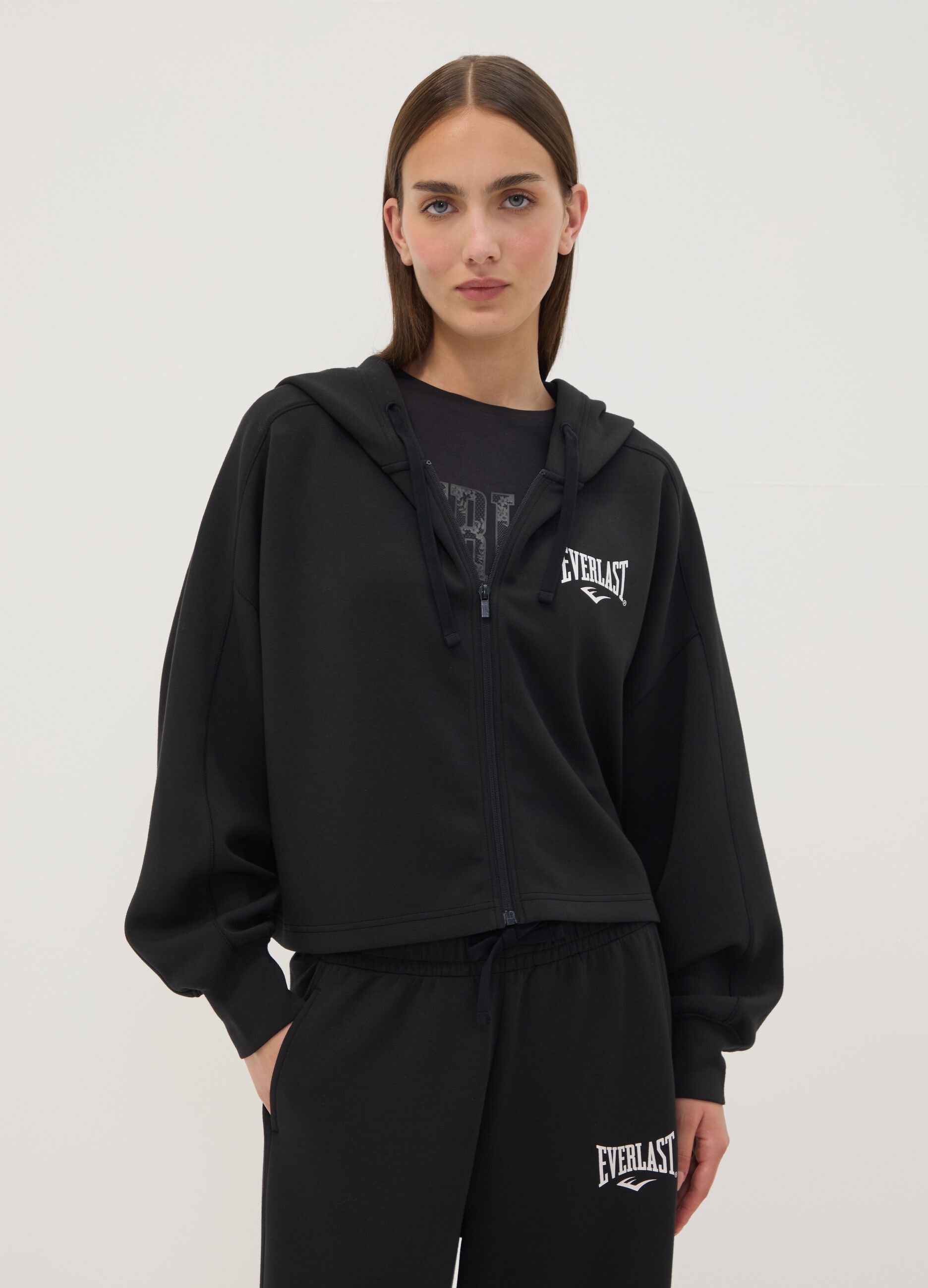 Black hooded sweatshirt in stretch viscose jersey, regular fit