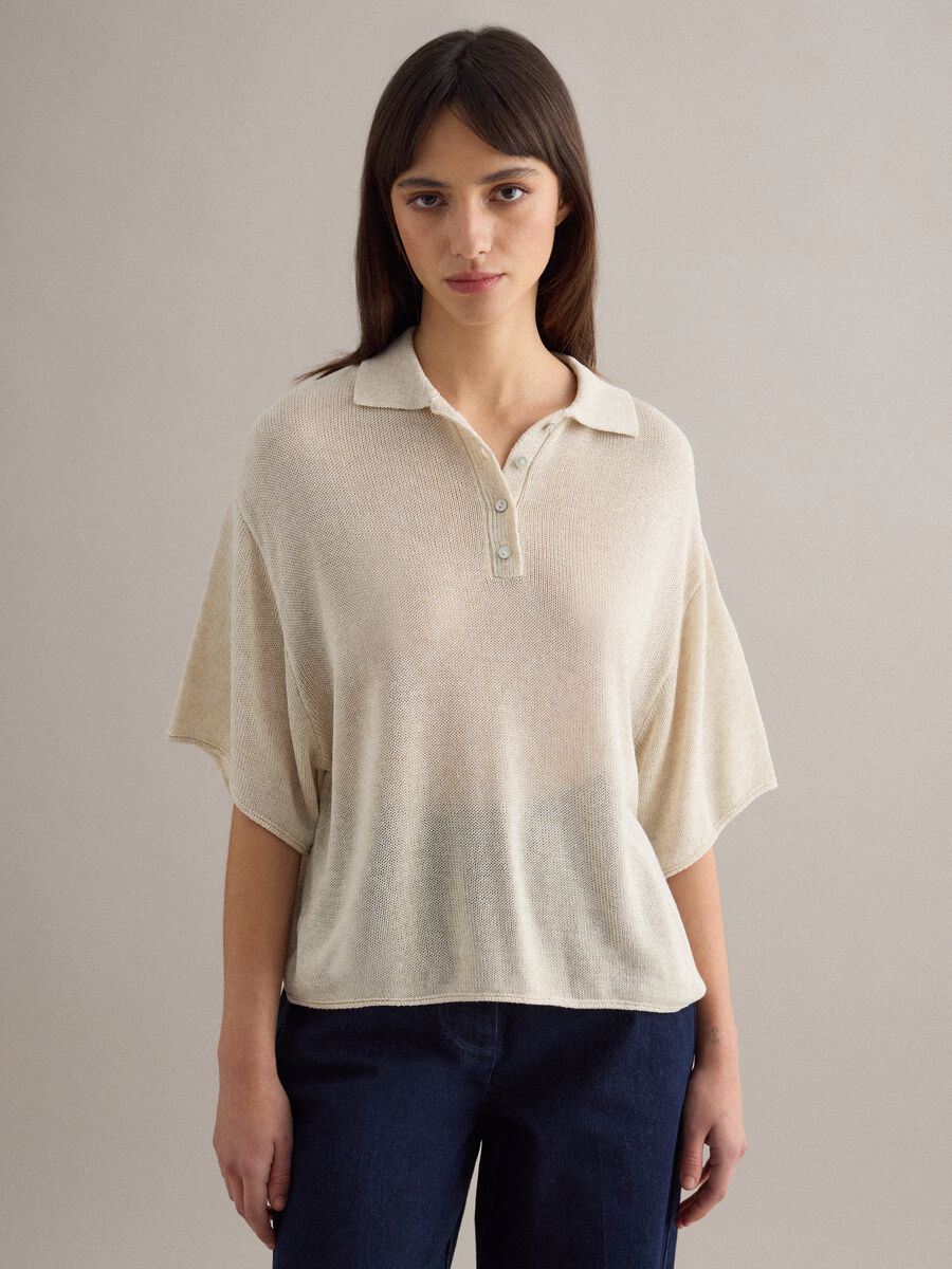 Beige Regular Fit Polo with Elbow-Length Sleeves_0