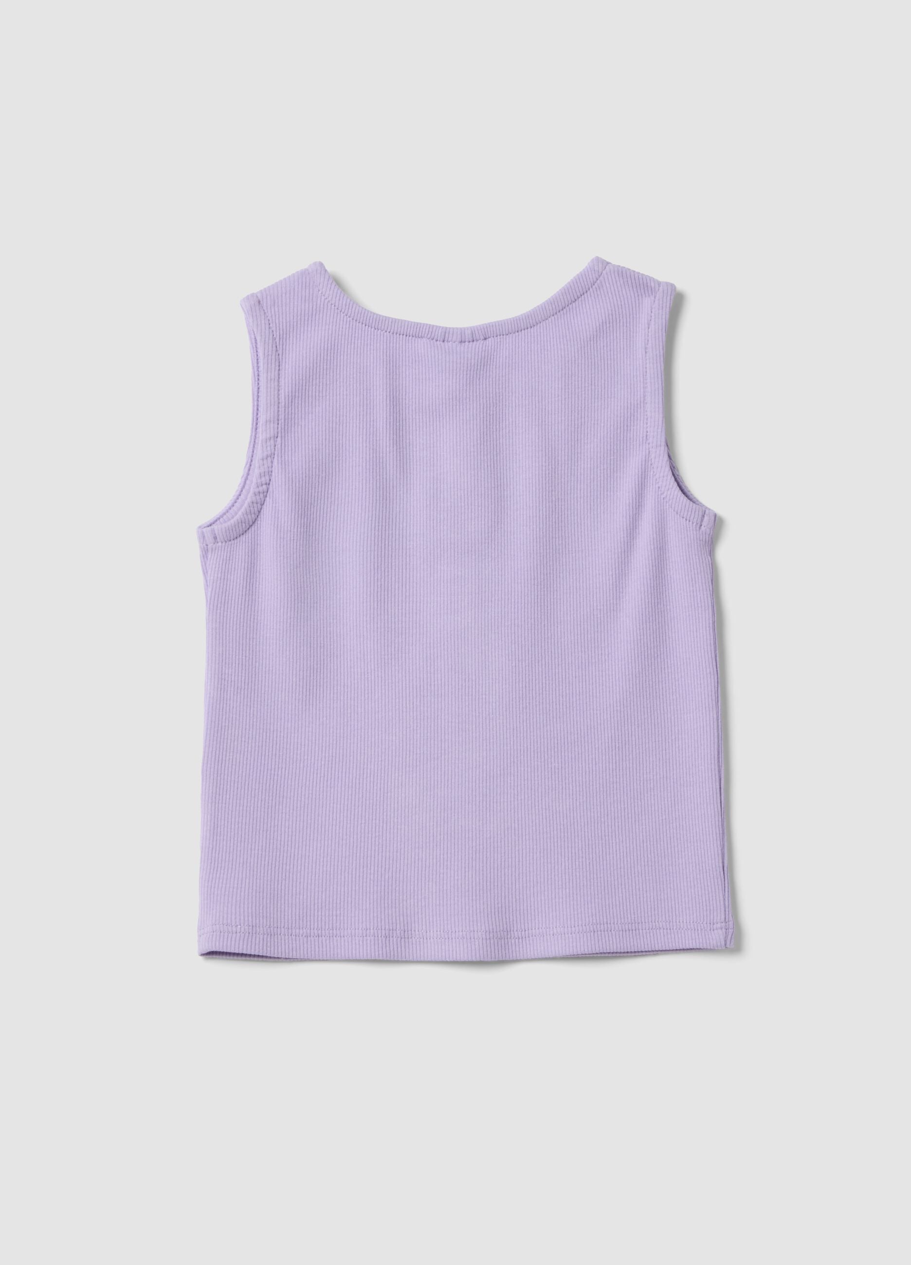Regular fit purple stretch cotton tank top for girls with embroidery