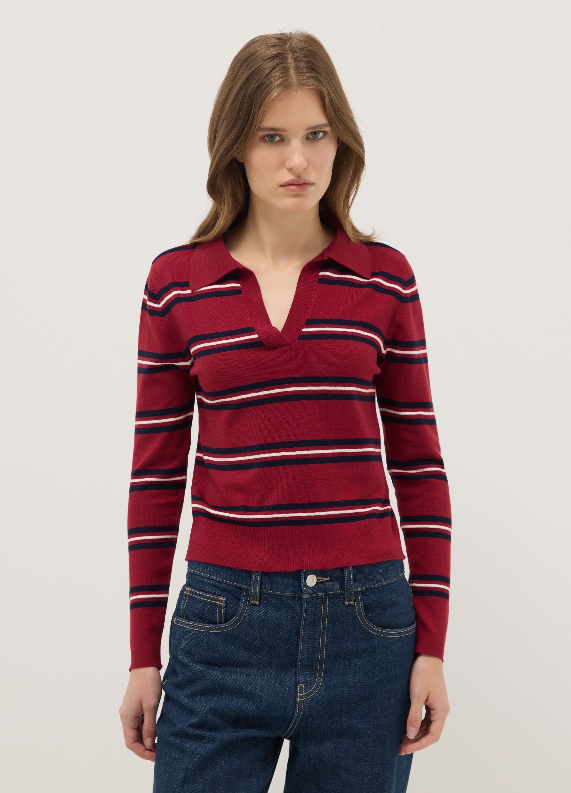 Multicolour Striped Regular Fit Sweater with Polo Collar