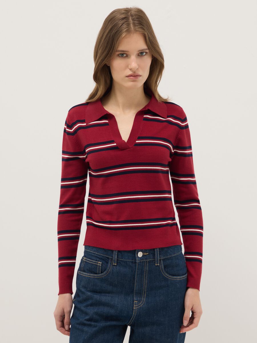 Multicolour Striped Regular Fit Sweater with Polo Collar_0