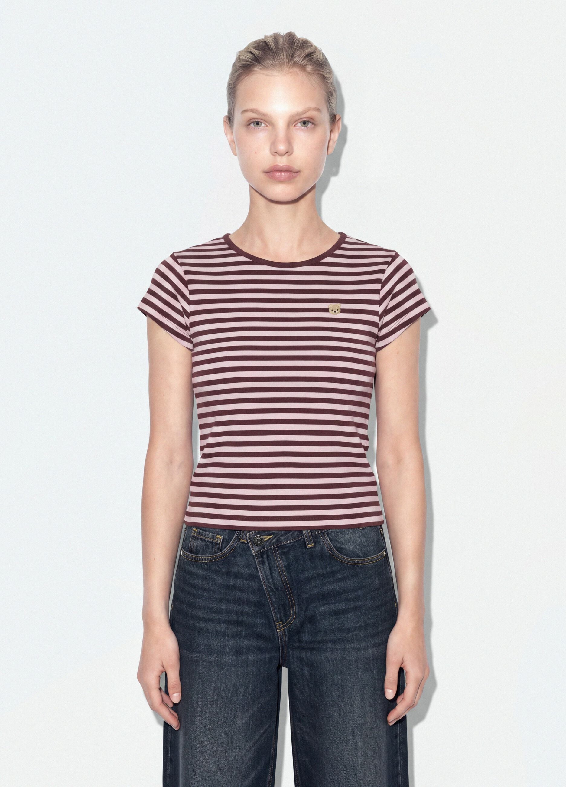 Brown pure cotton crew-neck striped T-shirt