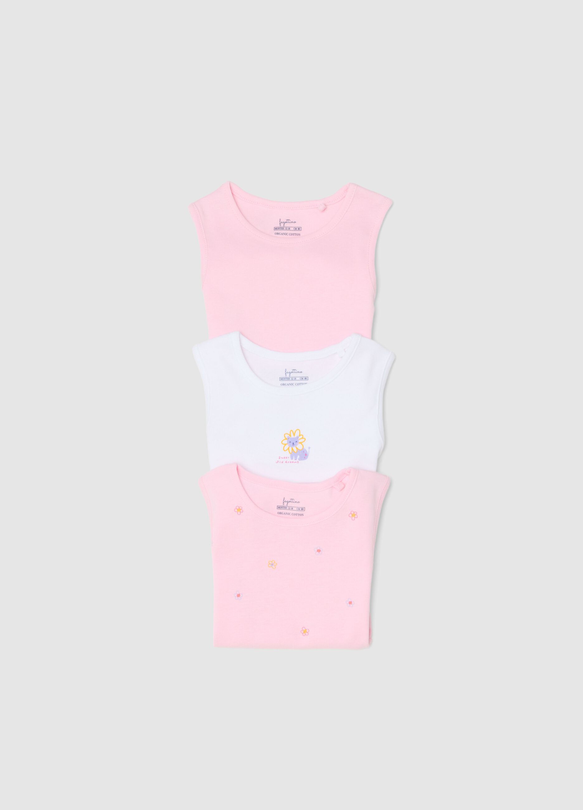 Tripack sleeveless bodysuits in pure cotton multicolour for baby girls