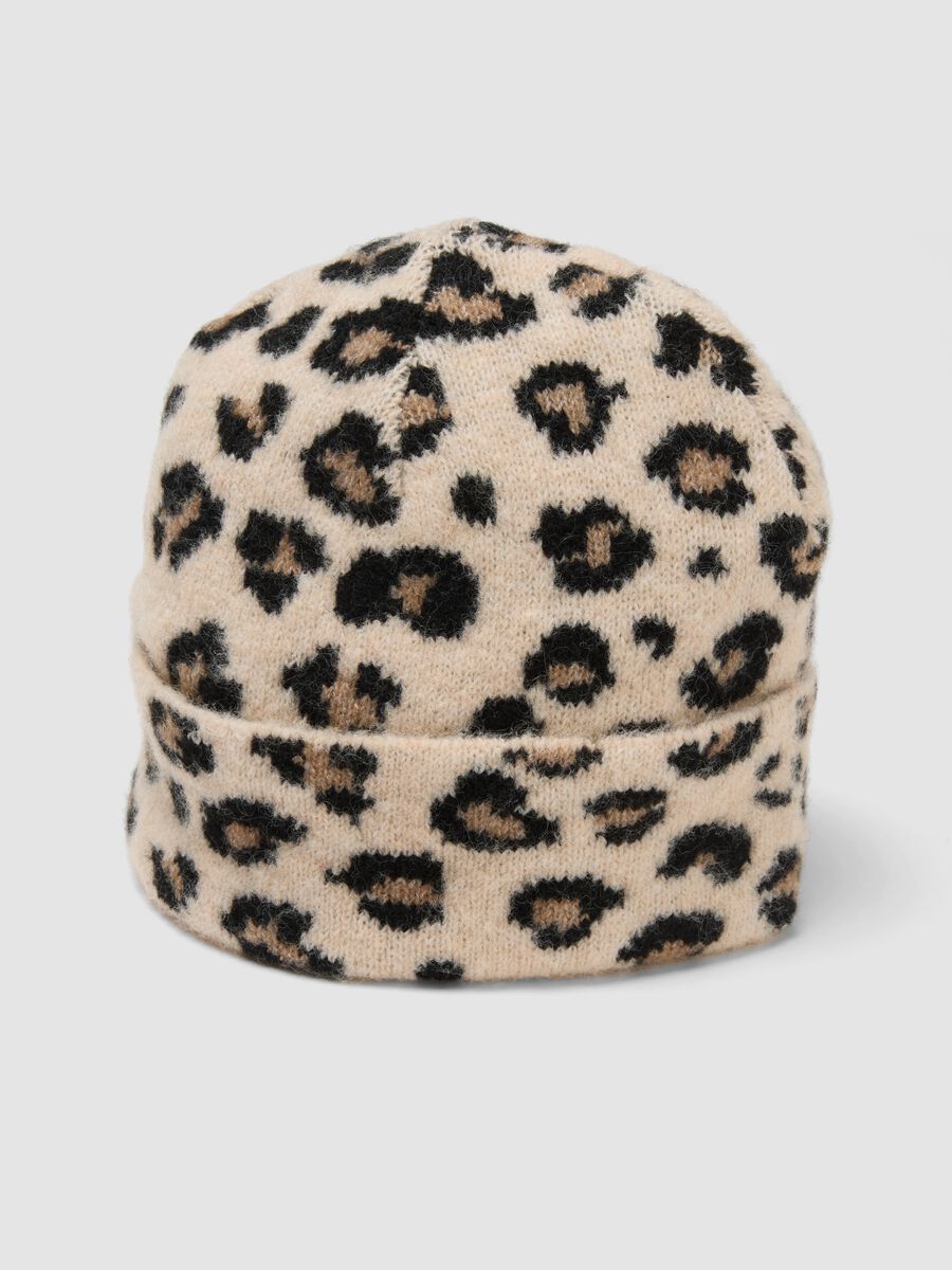 Beige stretch wool hat with animal print_2