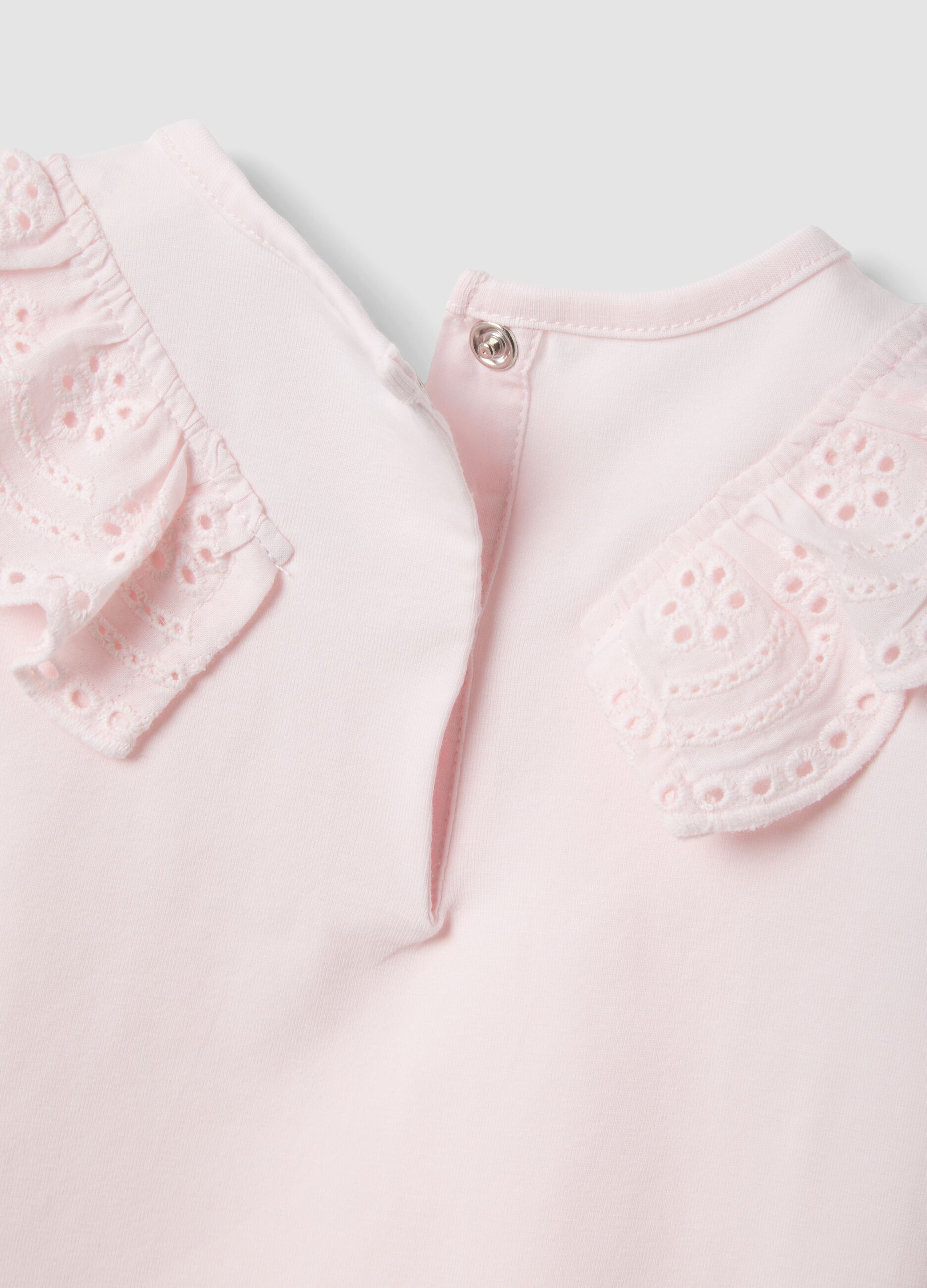 Pink short-sleeve stretch cotton T-shirt with broderie anglaise embroidery