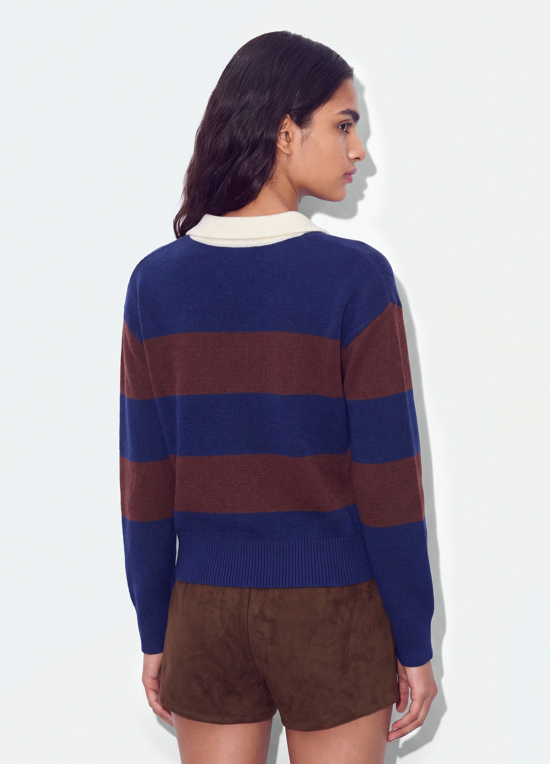 Blue striped viscose-blend polo-collar jumper, regular fit