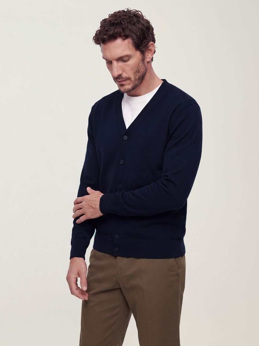 Blue Viscose-Blend V-Neck Cardigan, Regular Fit_0