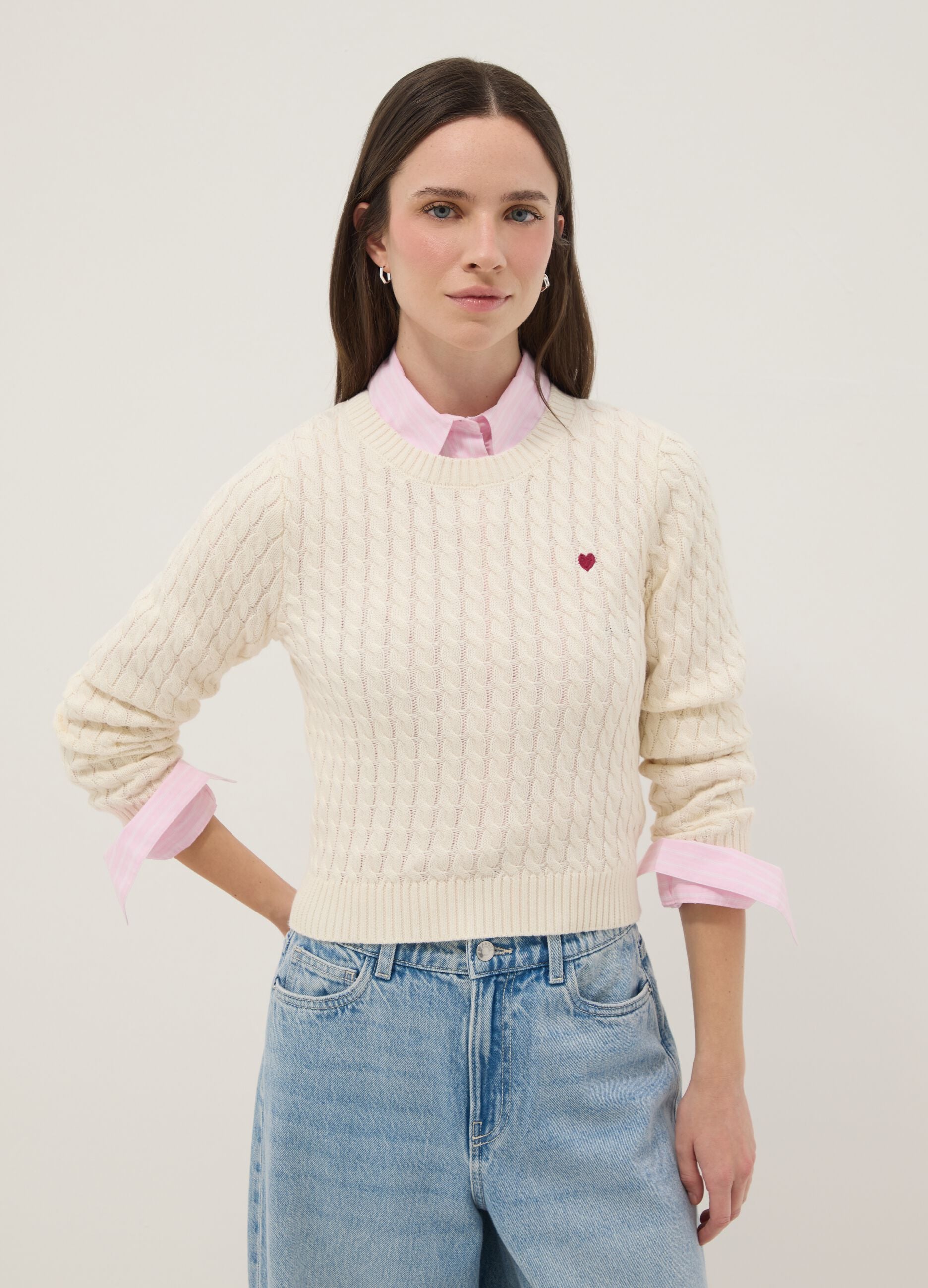 White pure cotton regular fit pullover with cable knit design
