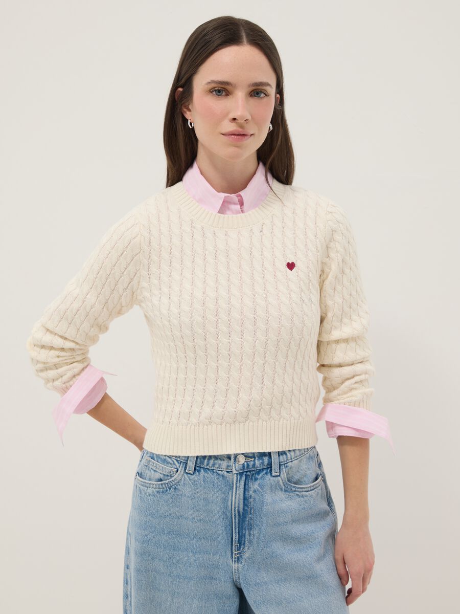 White pure cotton regular fit pullover with cable knit design_0