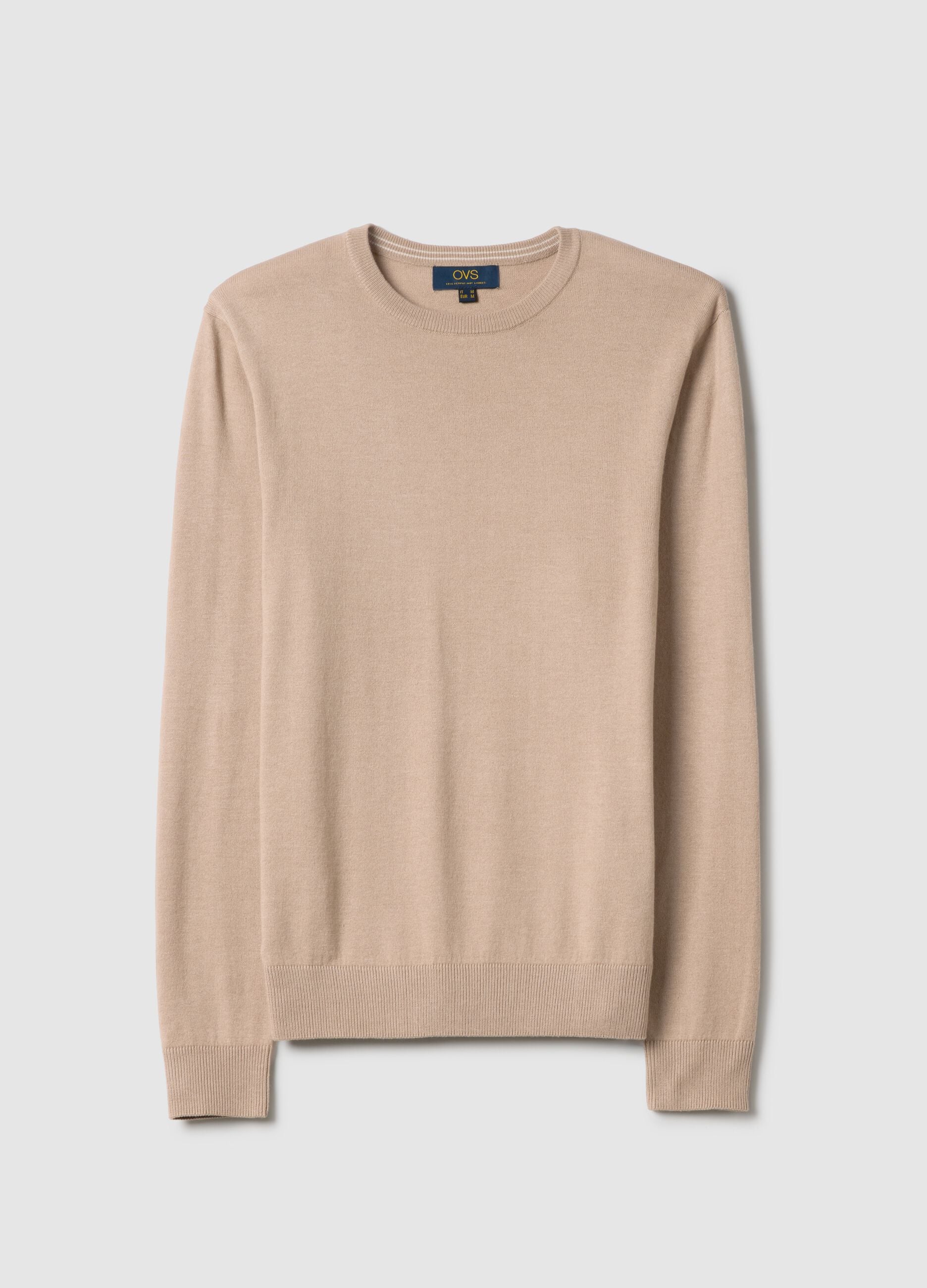Beige crew neck pullover in regular fit cotton blend