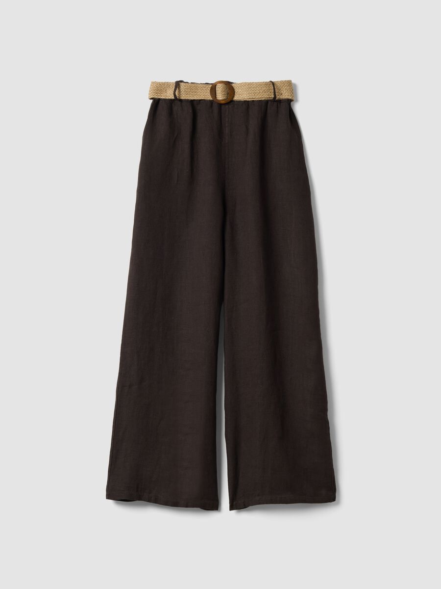 Brown pure linen wide-leg trousers with elasticated waist_4